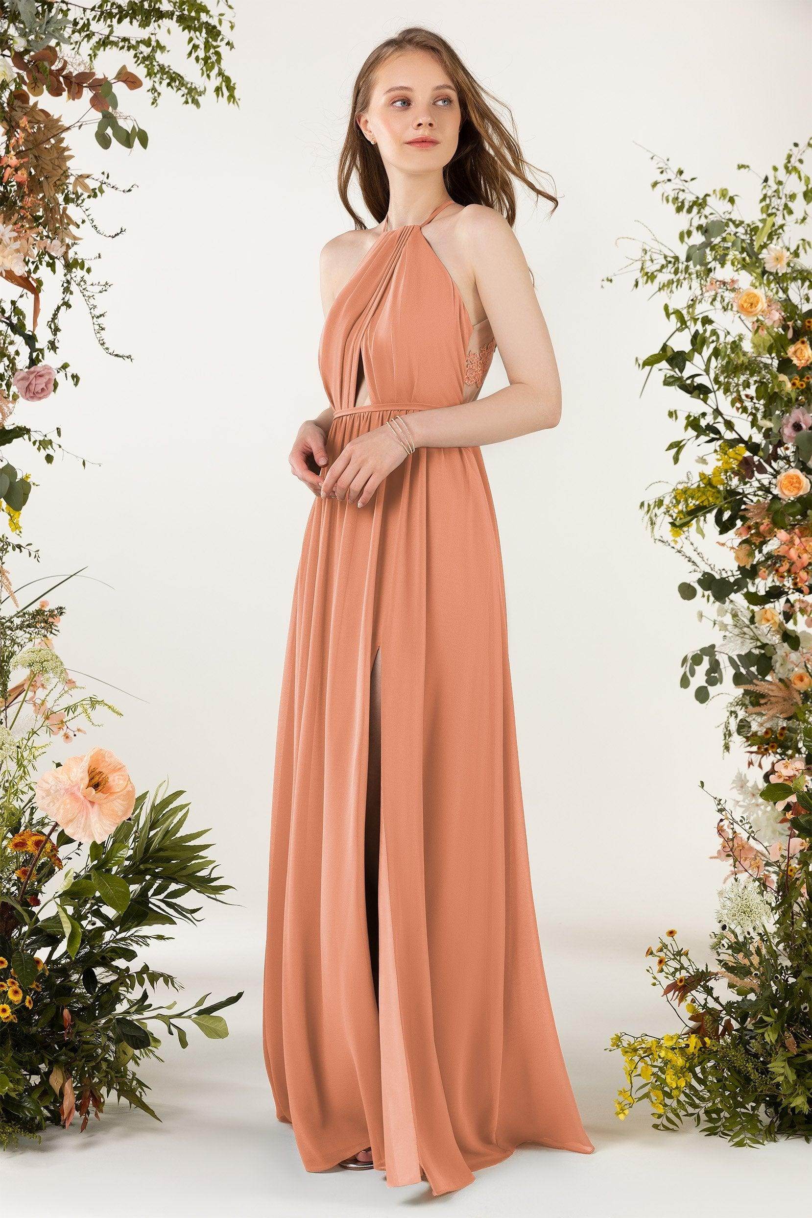 A-Line Sweep-Brush Train Chiffon Bridesmaid Dress CB0451 - COCOMELODY