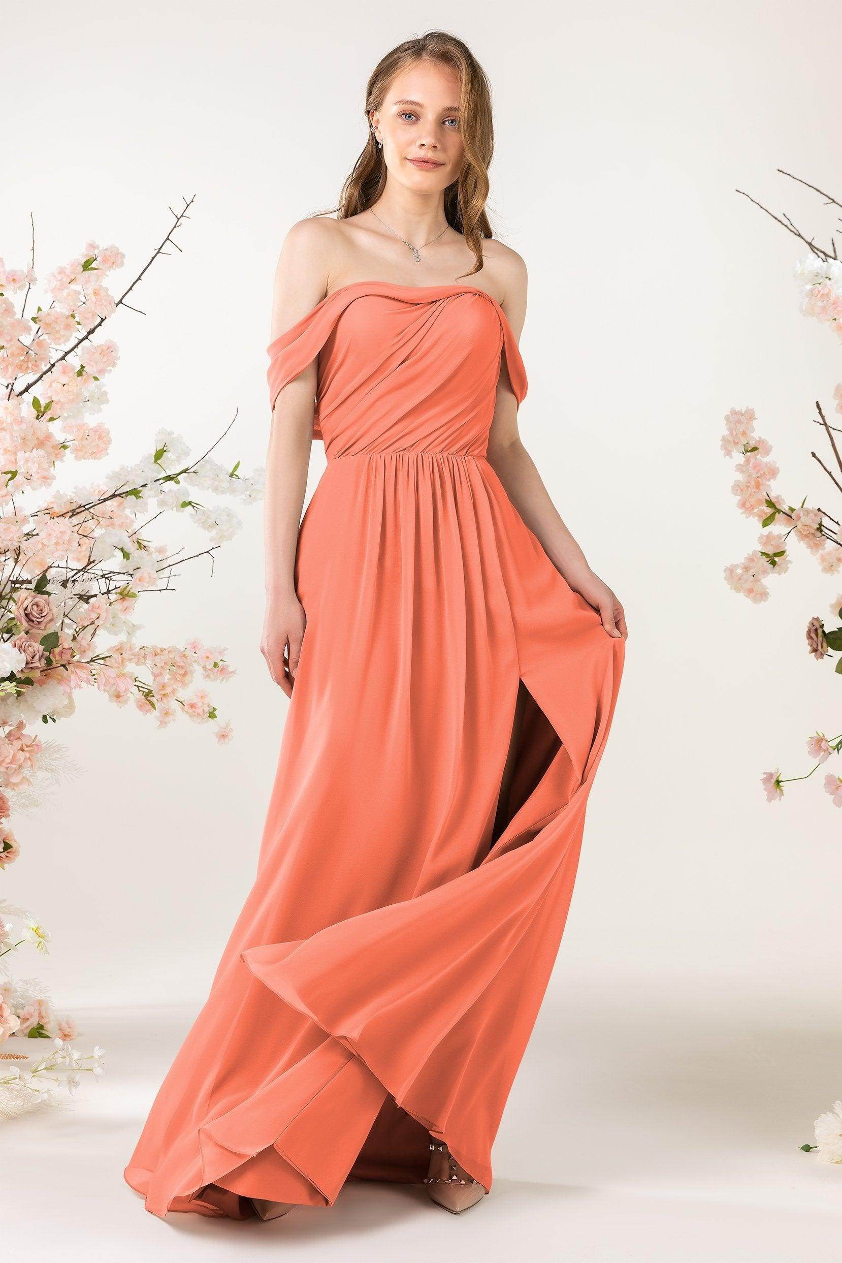 A-Line Sweep-Brush Train Chiffon Bridesmaid Dress CB0454 - COCOMELODY