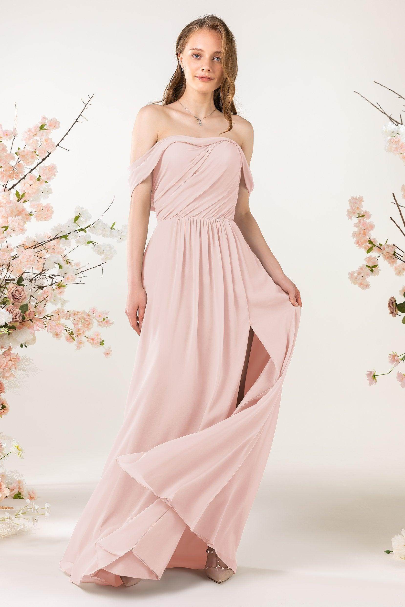 A-Line Sweep-Brush Train Chiffon Bridesmaid Dress CB0454 - COCOMELODY