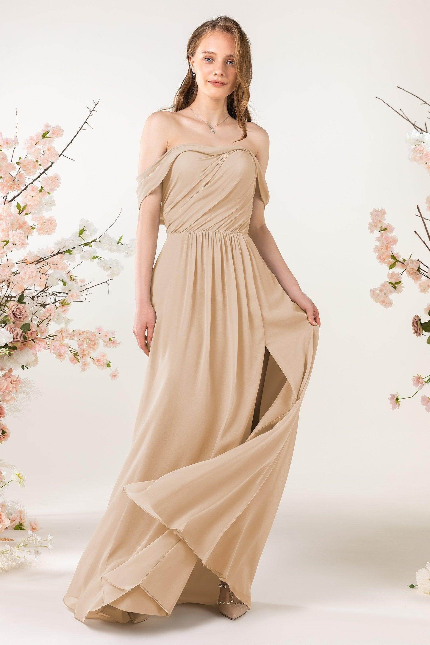 A-Line Sweep-Brush Train Chiffon Bridesmaid Dress CB0454 - COCOMELODY