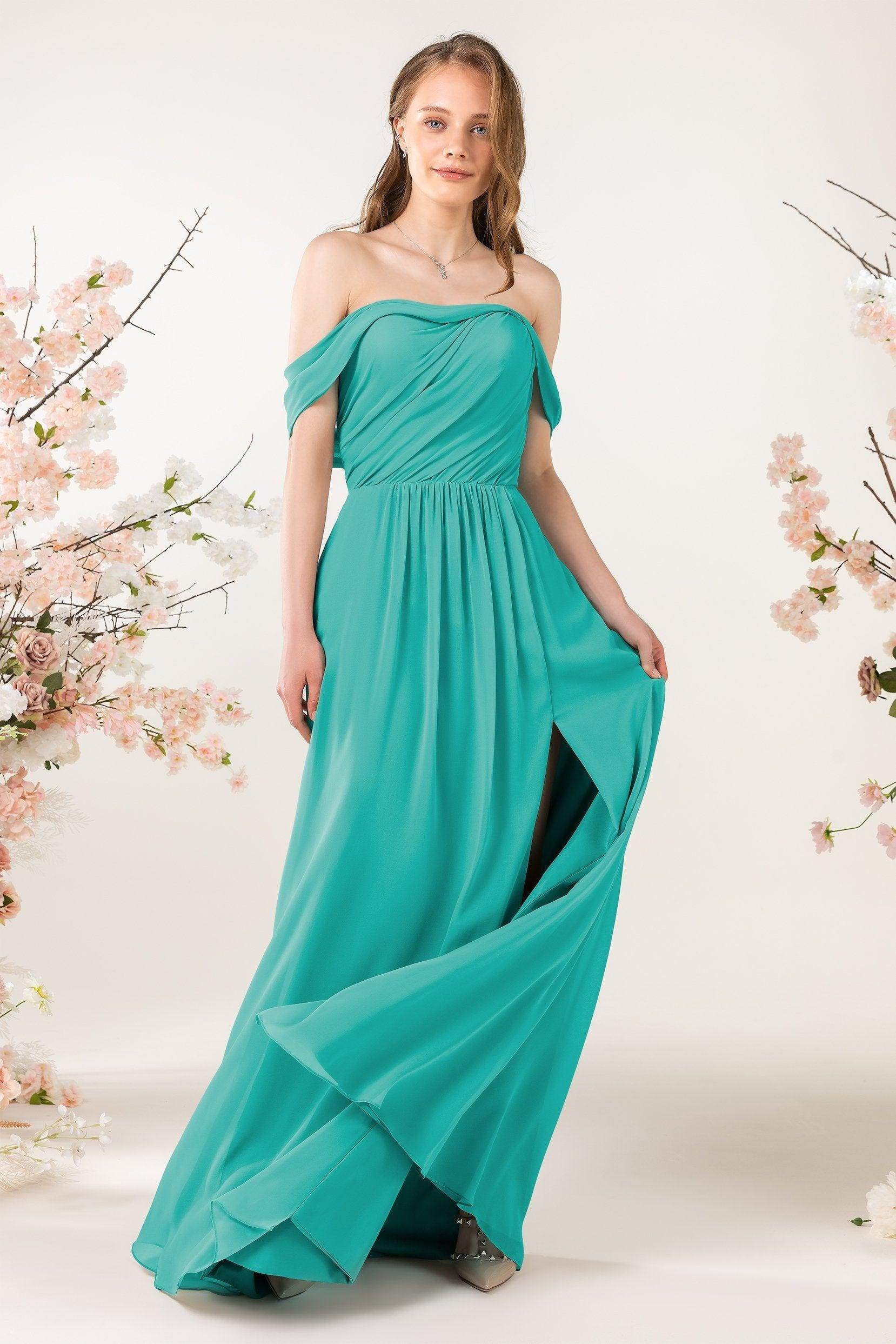 A-Line Sweep-Brush Train Chiffon Bridesmaid Dress CB0454 - COCOMELODY