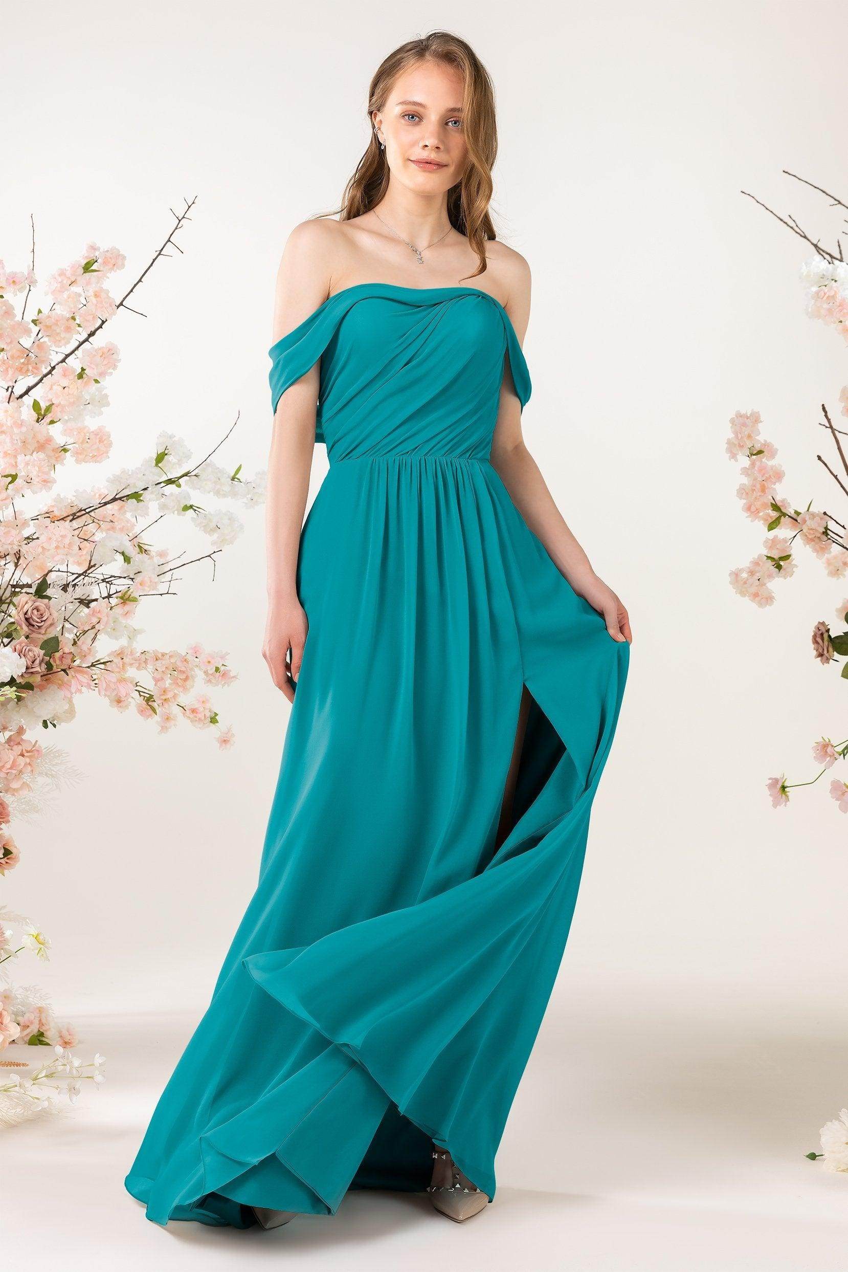 A-Line Sweep-Brush Train Chiffon Bridesmaid Dress CB0454 - COCOMELODY