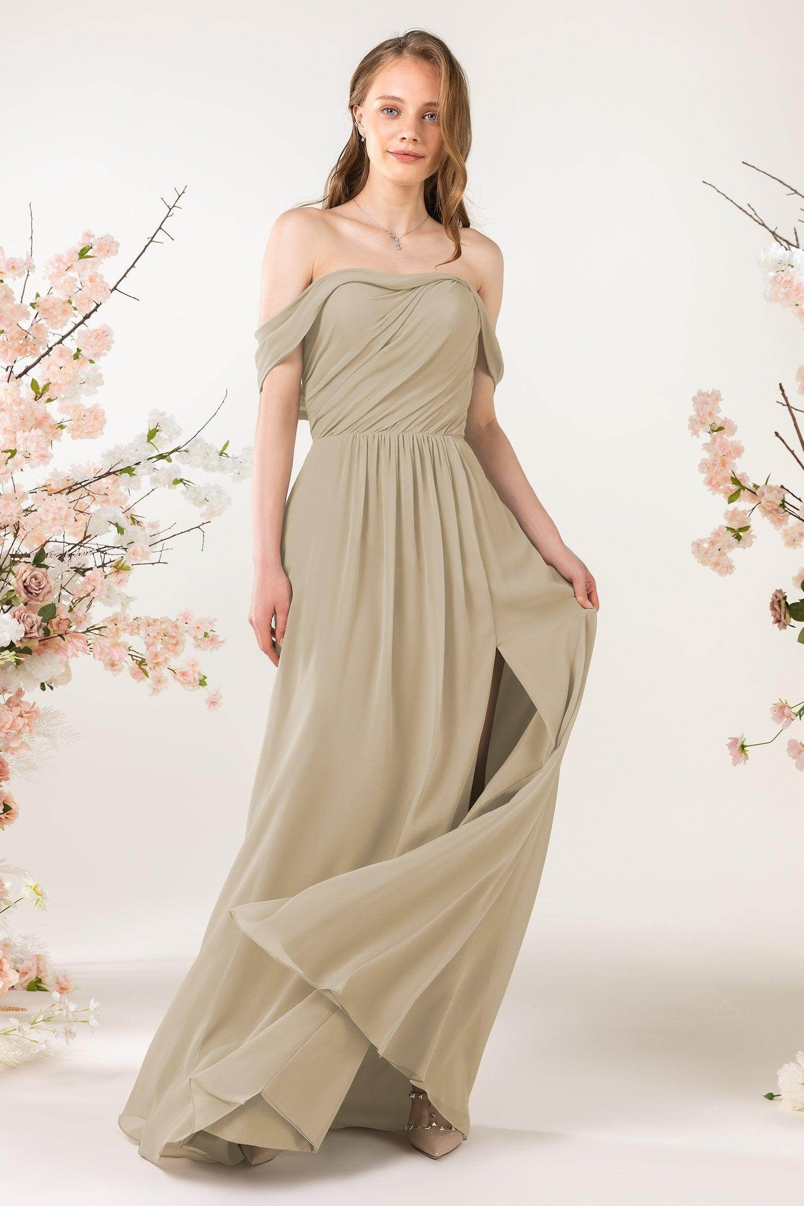 A-Line Sweep-Brush Train Chiffon Bridesmaid Dress CB0454 - COCOMELODY