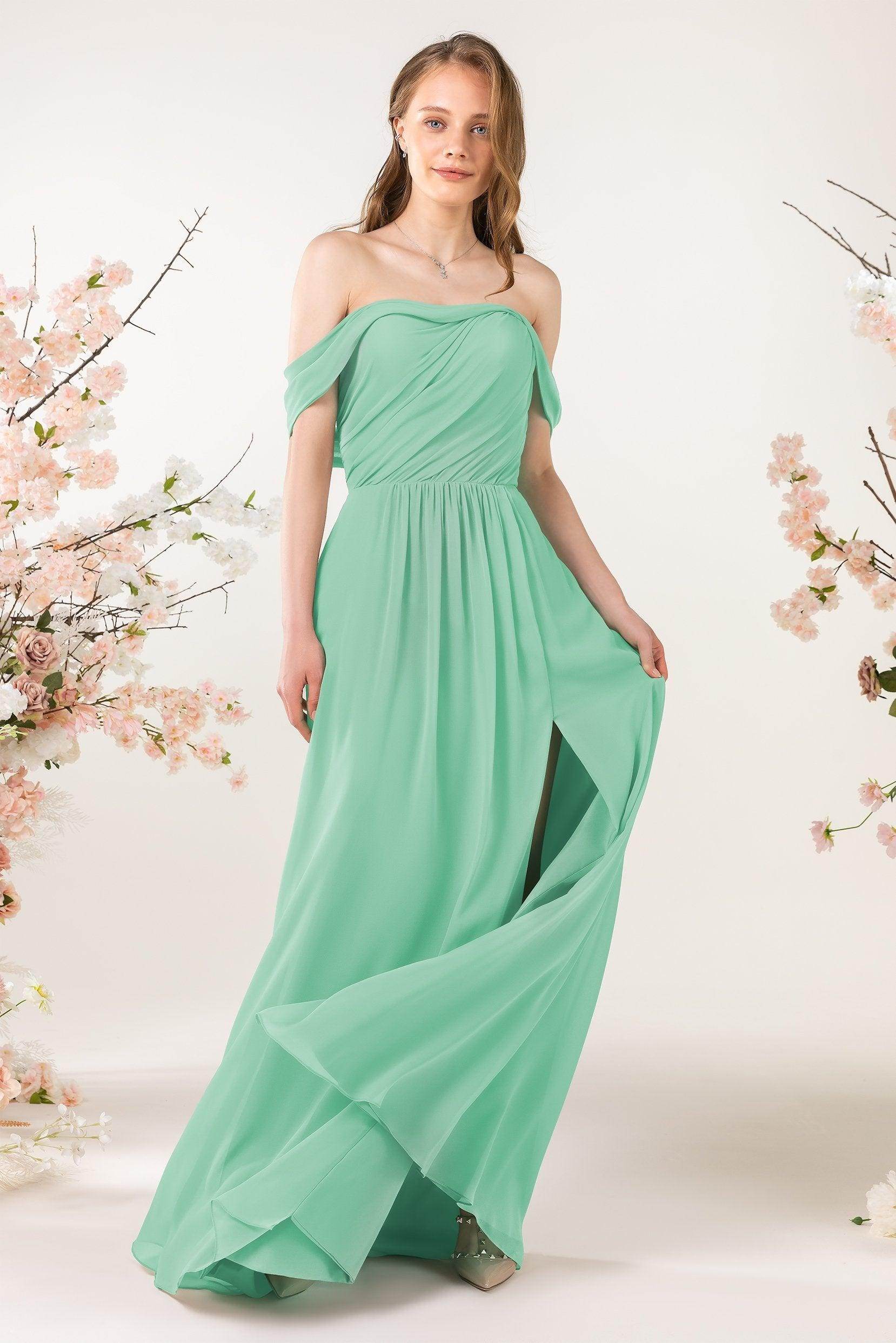 A-Line Sweep-Brush Train Chiffon Bridesmaid Dress CB0454 - COCOMELODY