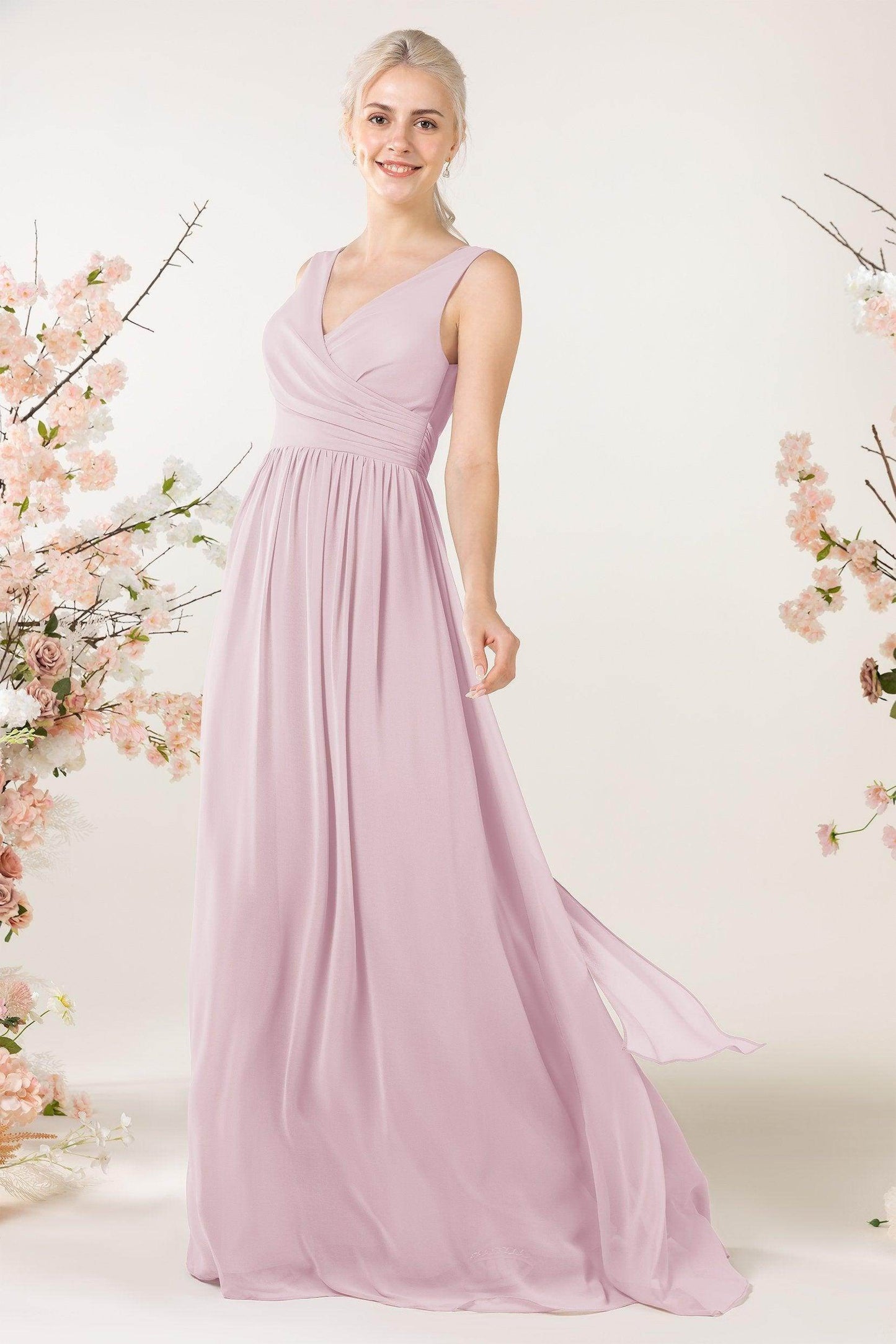 A-Line Sweep-Brush Train Chiffon Bridesmaid Dress CB0456 - COCOMELODY