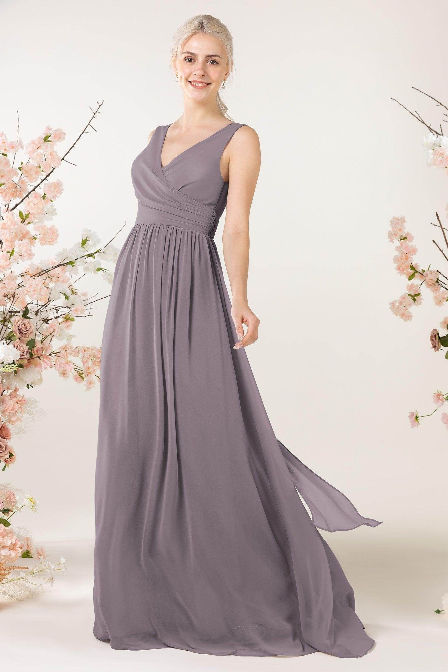 A-Line Sweep-Brush Train Chiffon Bridesmaid Dress CB0456 - COCOMELODY