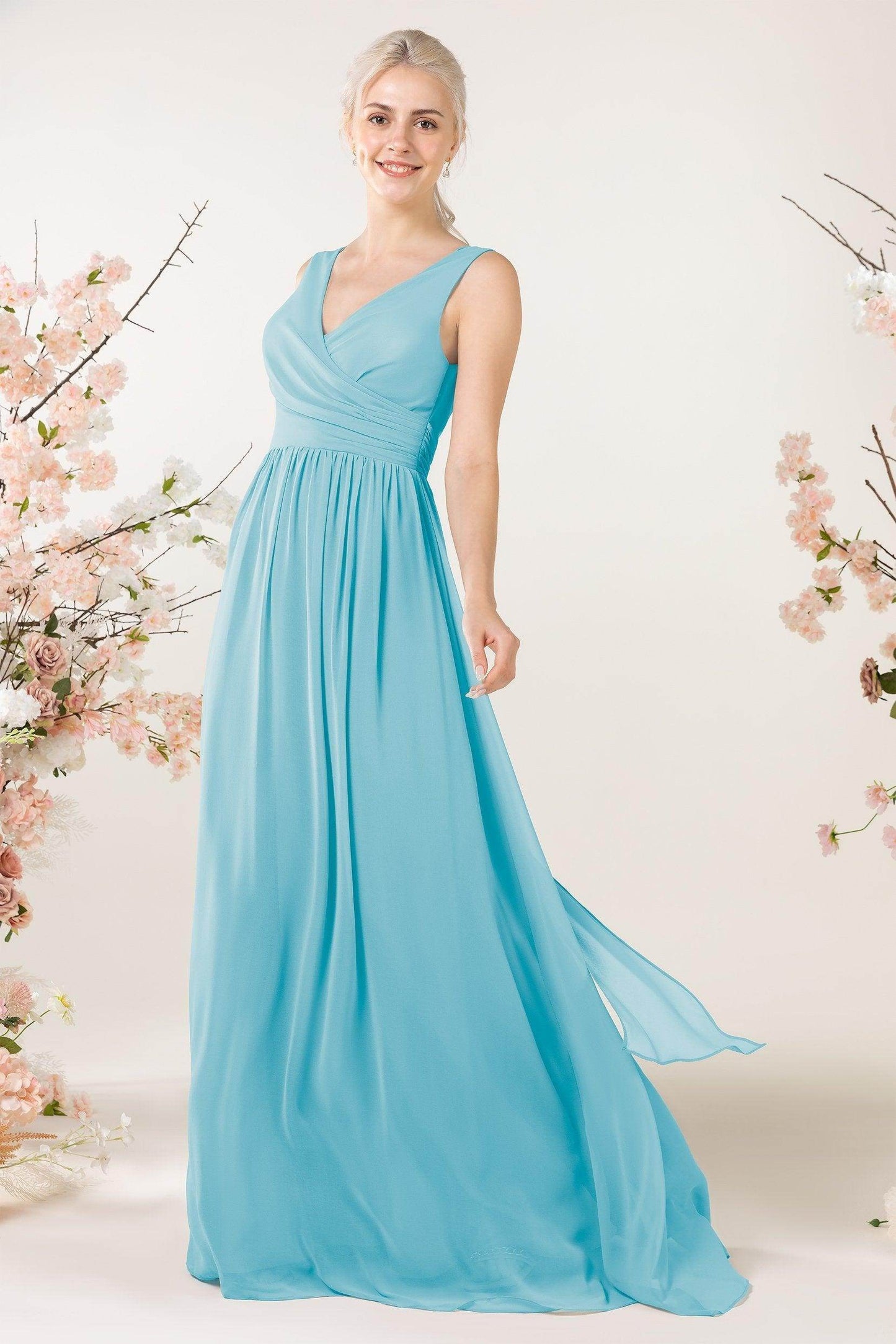 A-Line Sweep-Brush Train Chiffon Bridesmaid Dress CB0456 - COCOMELODY