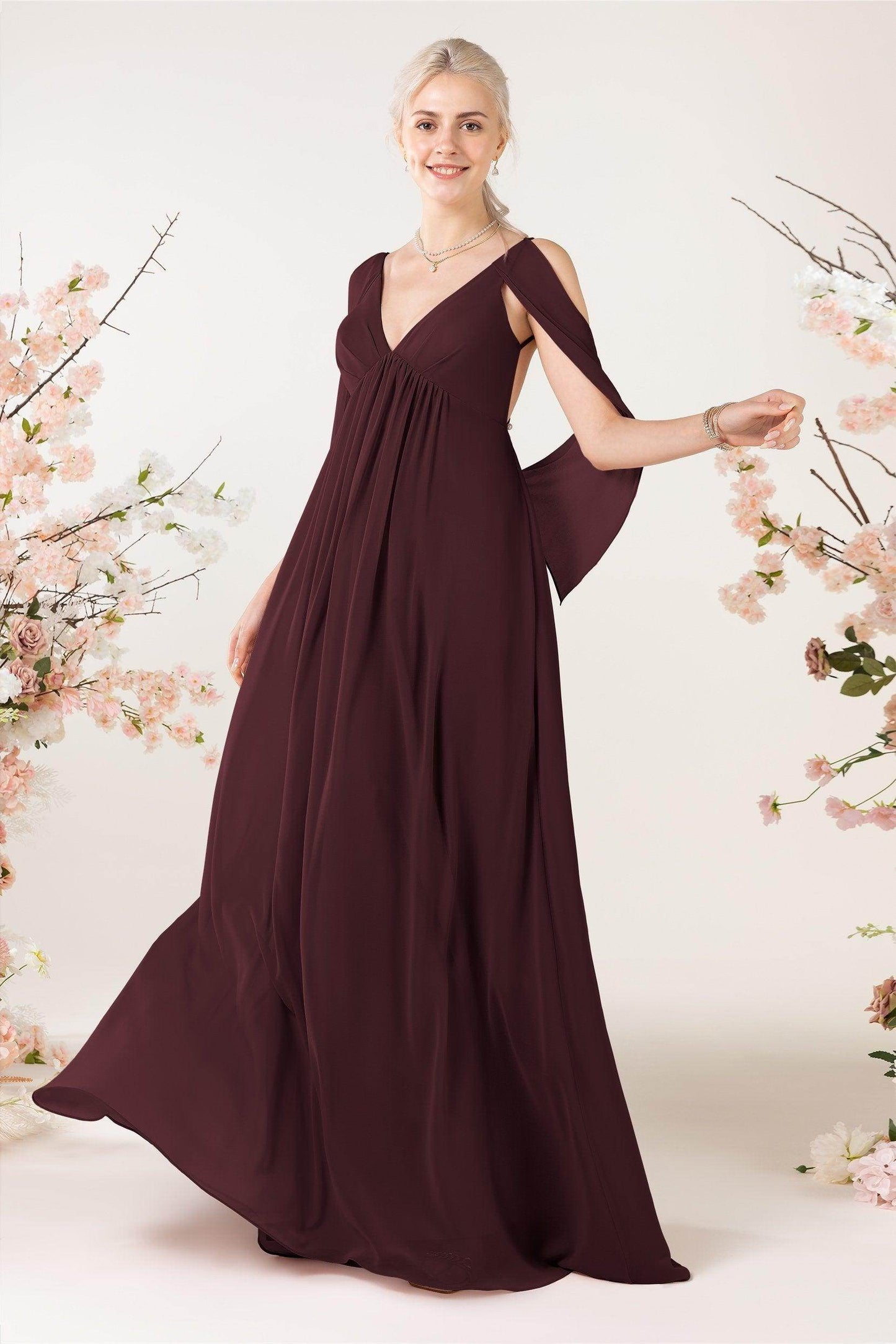 A-Line Sweep-Brush Train Chiffon Bridesmaid Dress CB0458 - COCOMELODY