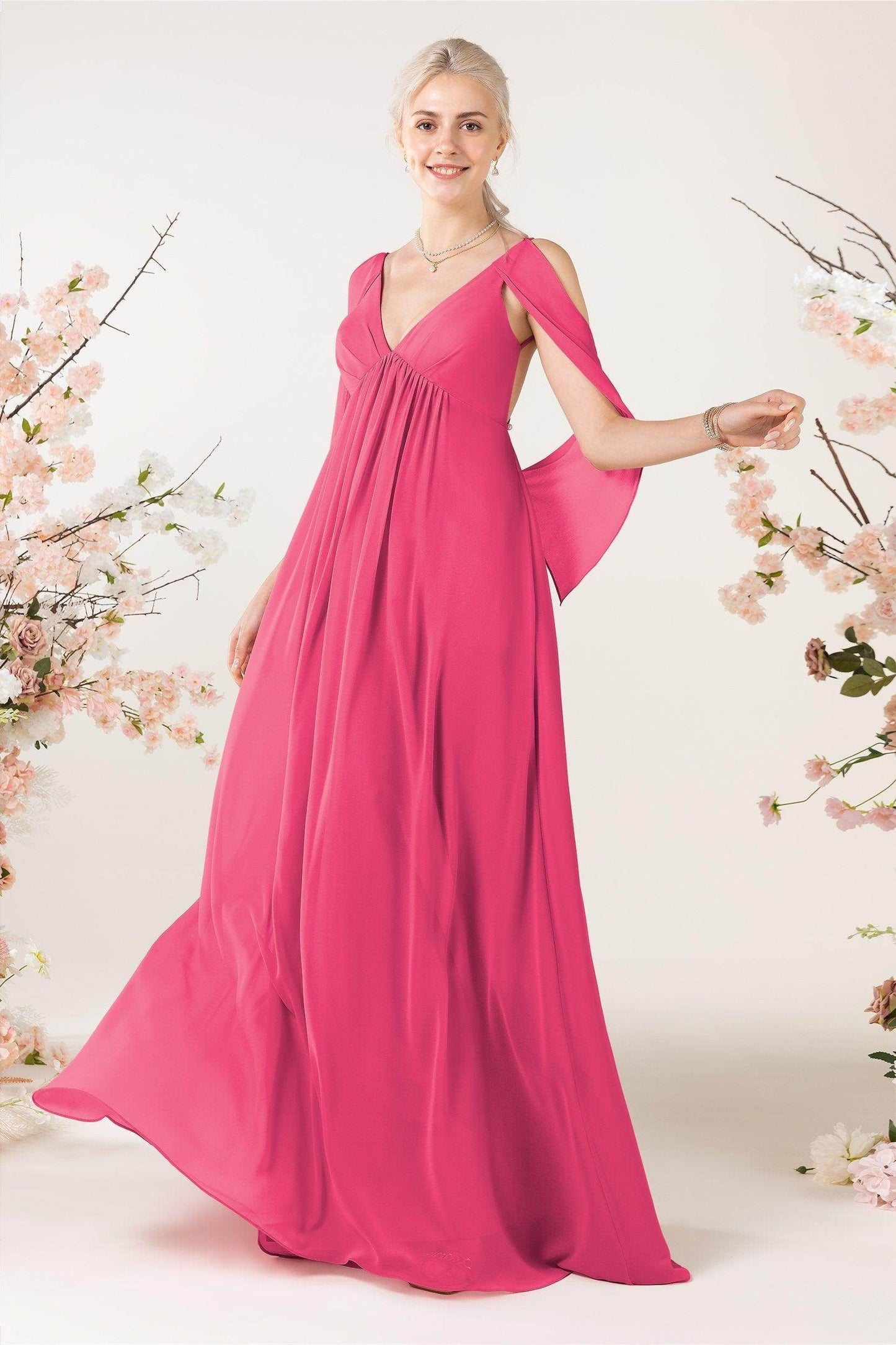 A-Line Sweep-Brush Train Chiffon Bridesmaid Dress CB0458 - COCOMELODY