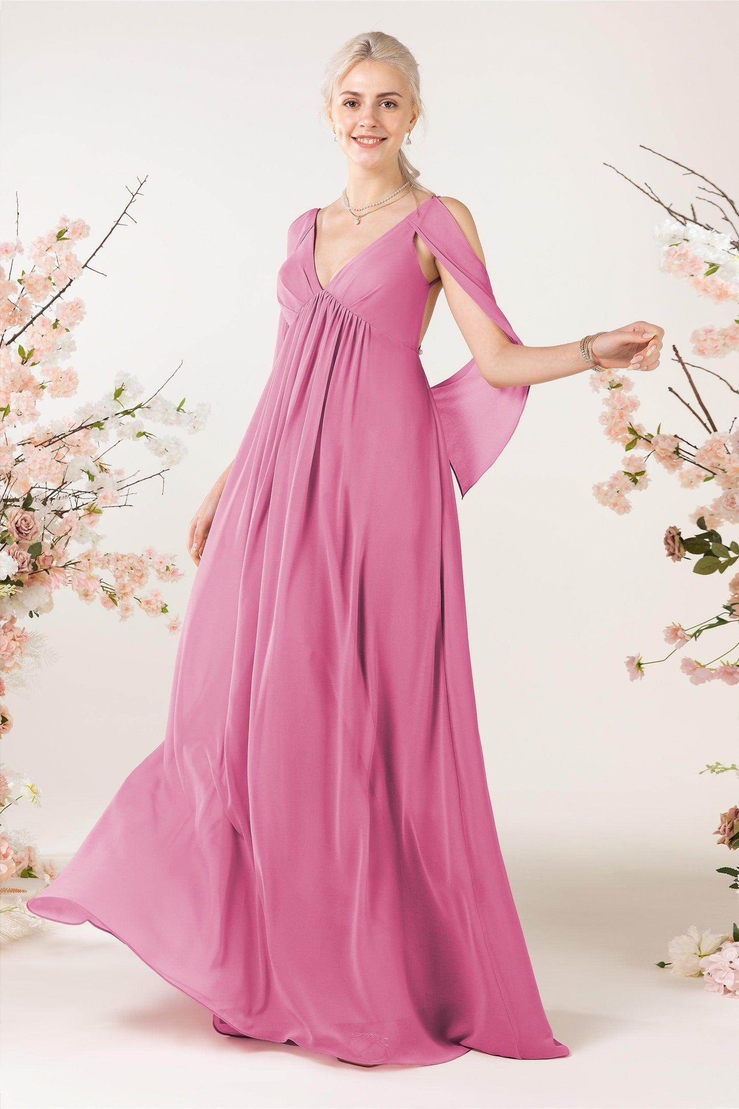 A-Line Sweep-Brush Train Chiffon Bridesmaid Dress CB0458 - COCOMELODY