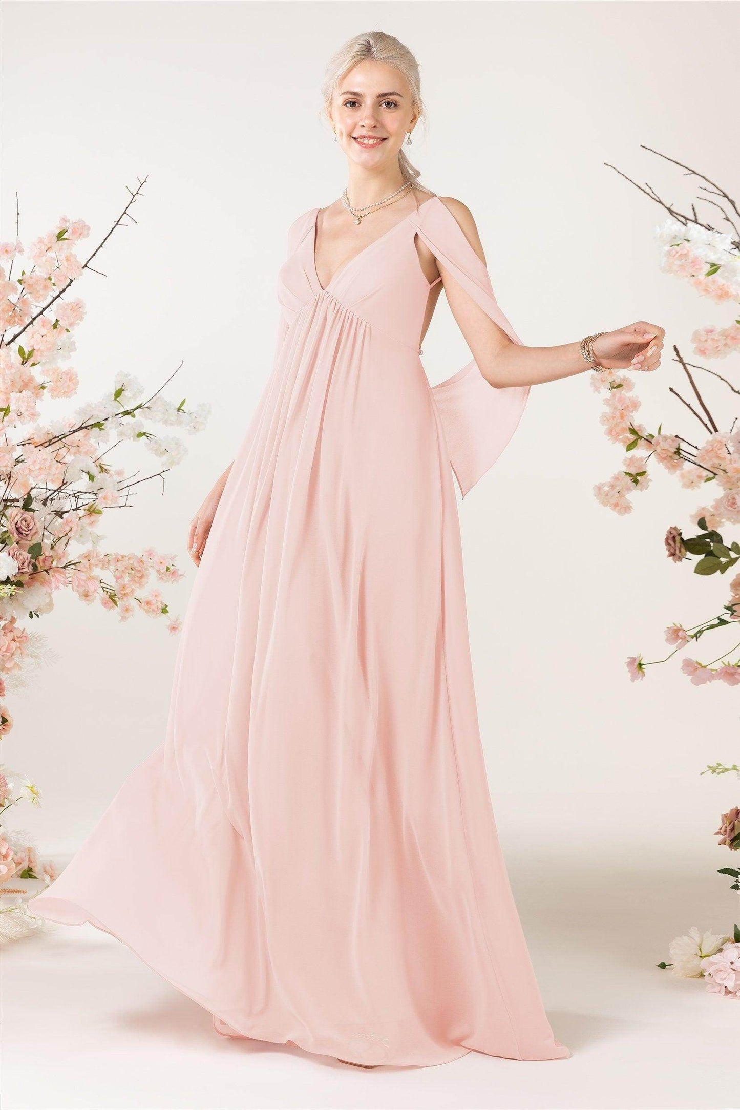 A-Line Sweep-Brush Train Chiffon Bridesmaid Dress CB0458 - COCOMELODY