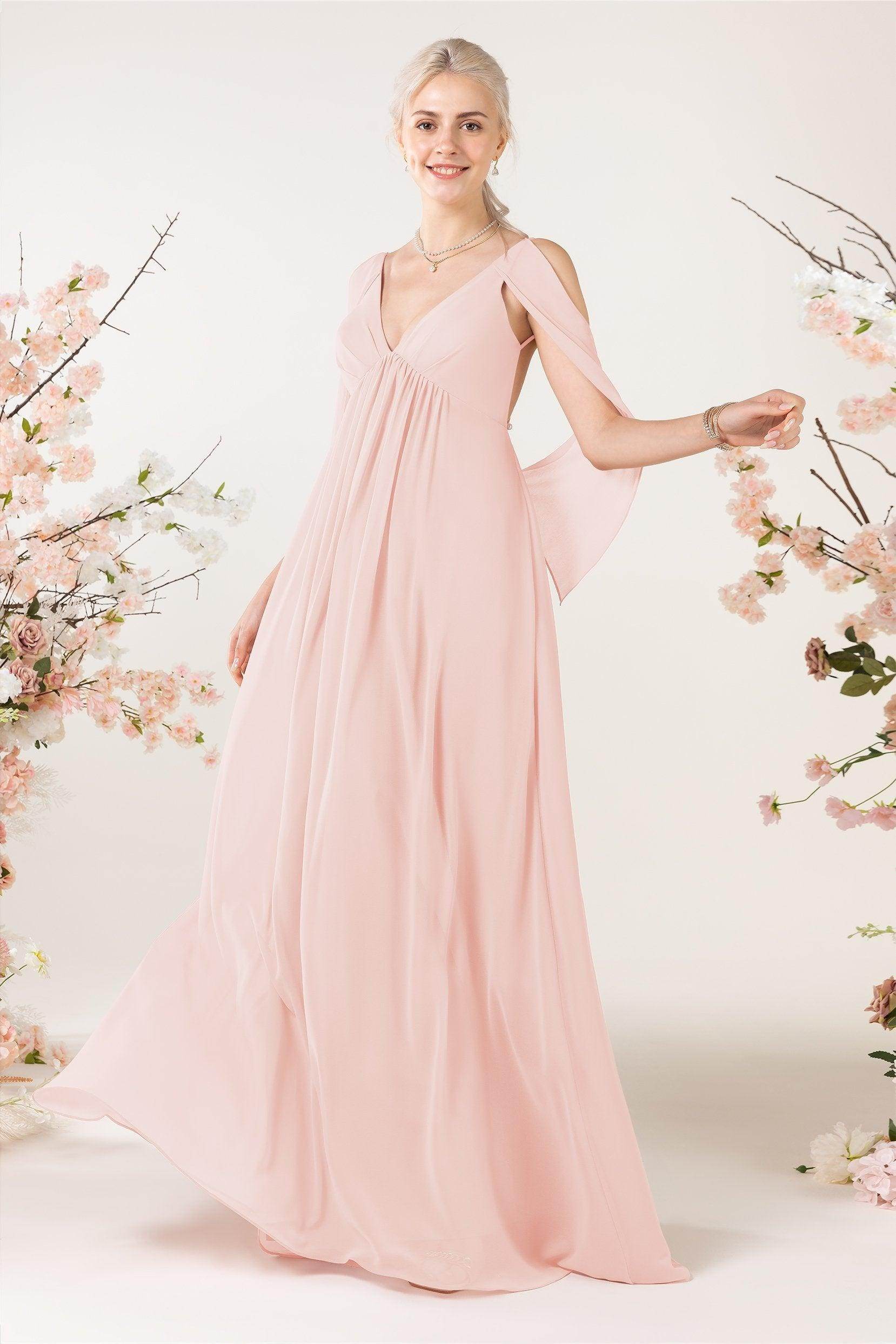 A-Line Sweep-Brush Train Chiffon Bridesmaid Dress CB0458 - COCOMELODY