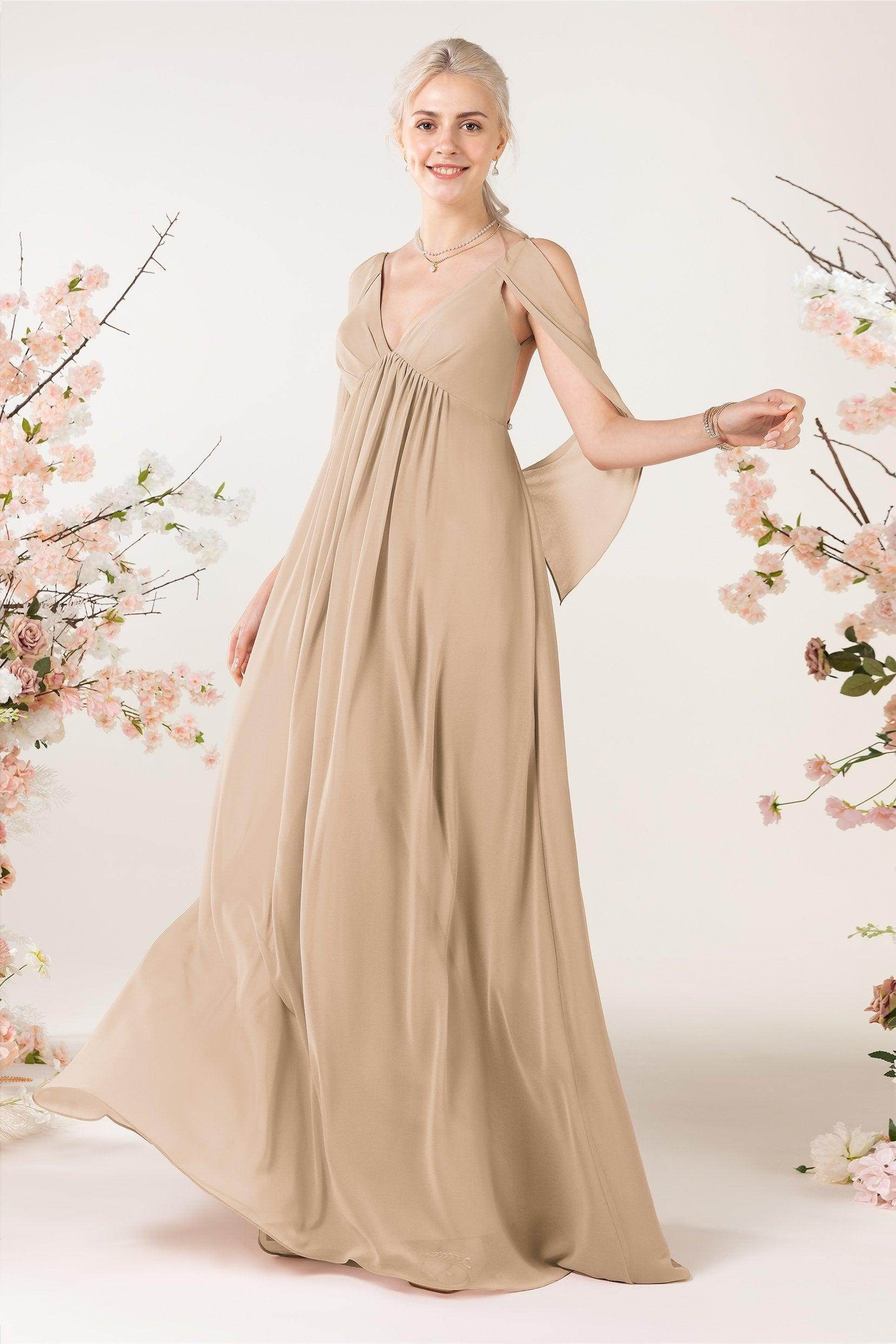 A-Line Sweep-Brush Train Chiffon Bridesmaid Dress CB0458 - COCOMELODY