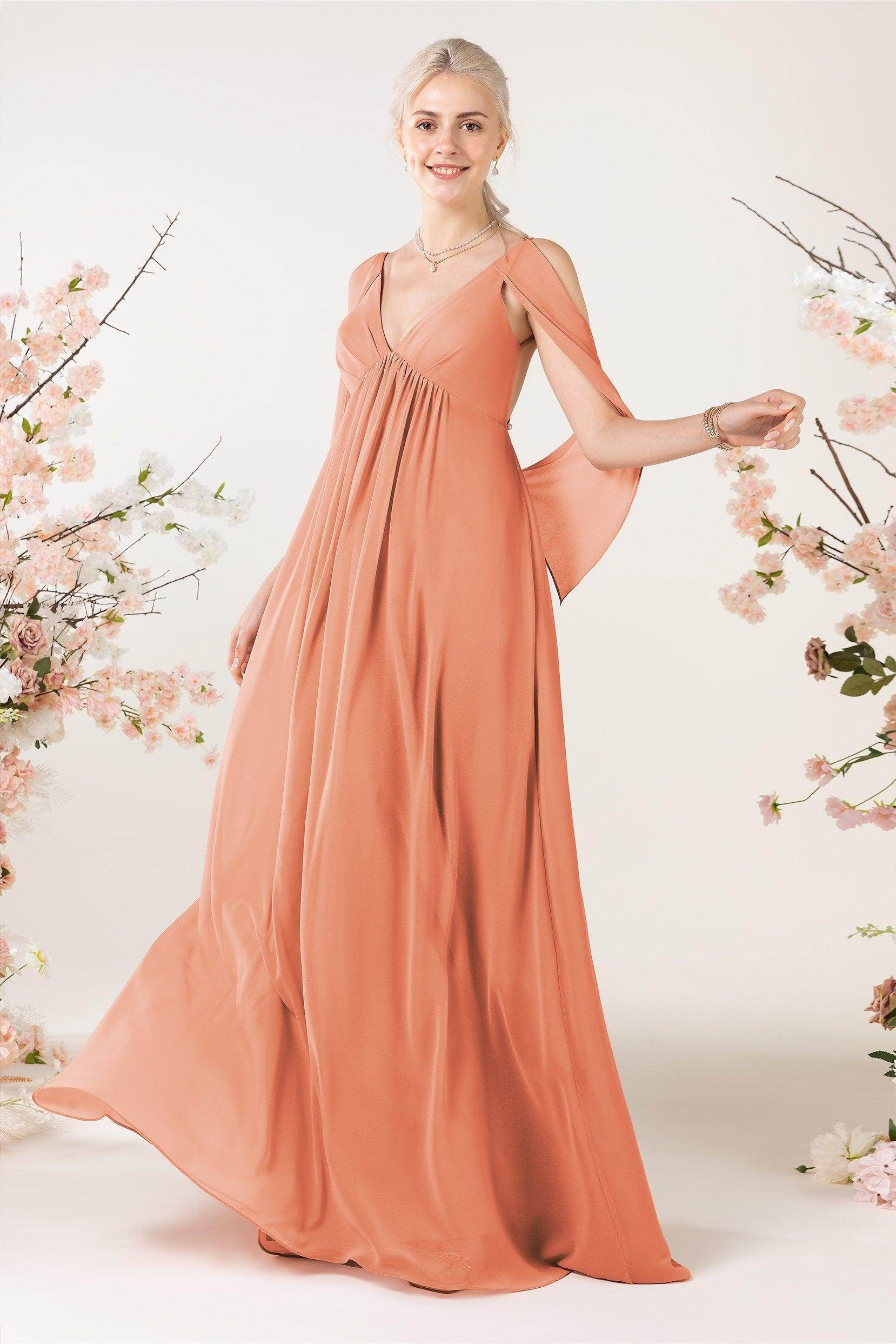 A-Line Sweep-Brush Train Chiffon Bridesmaid Dress CB0458 - COCOMELODY