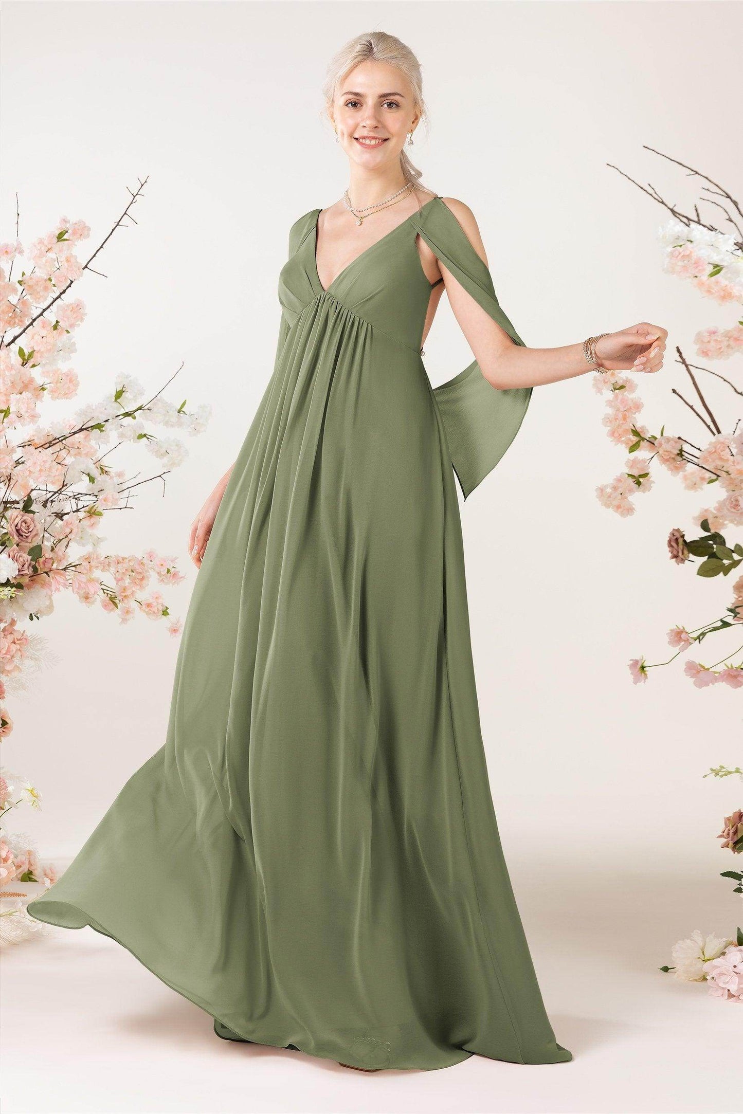 A-Line Sweep-Brush Train Chiffon Bridesmaid Dress CB0458 - COCOMELODY