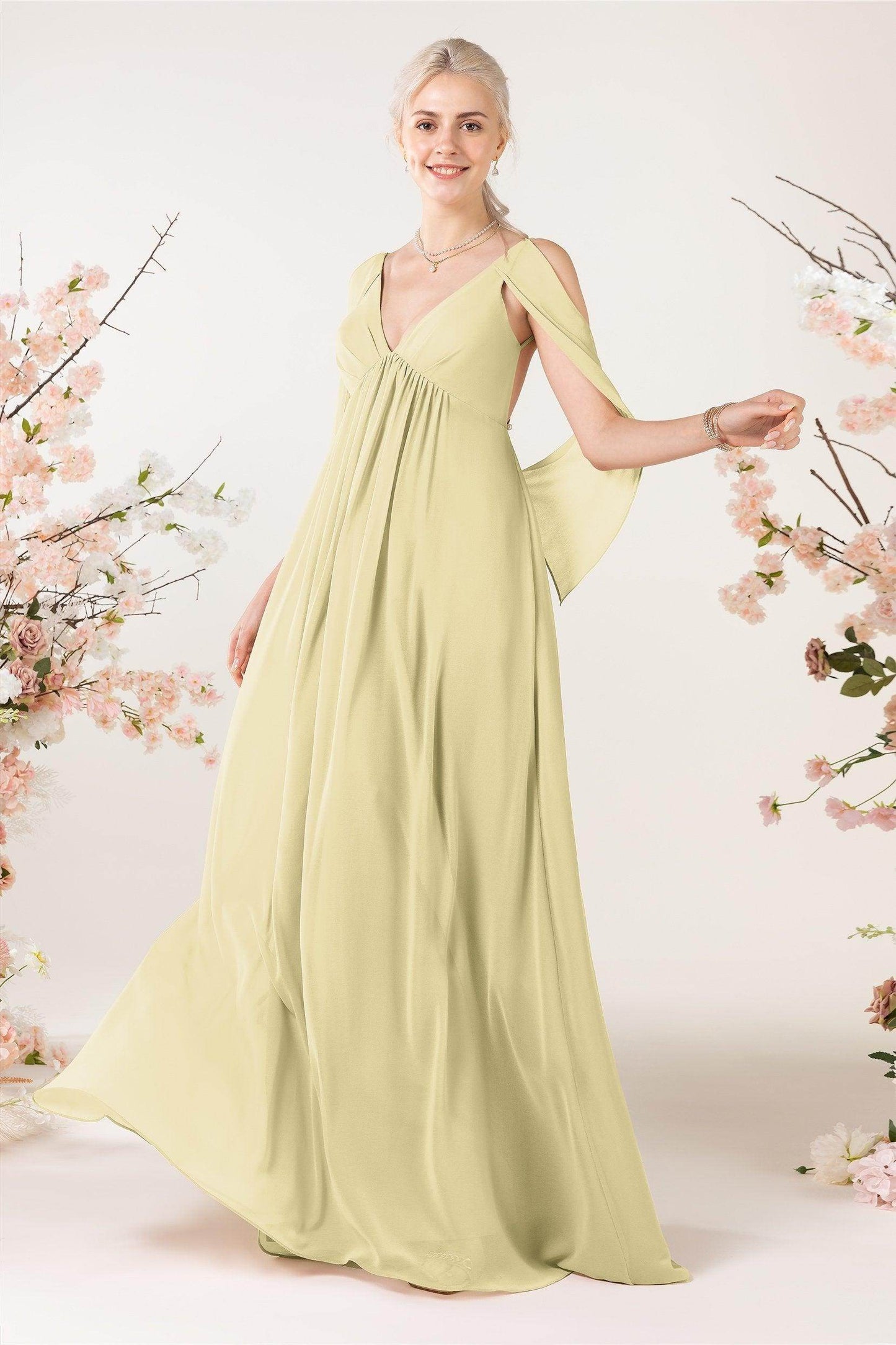 A-Line Sweep-Brush Train Chiffon Bridesmaid Dress CB0458 - COCOMELODY