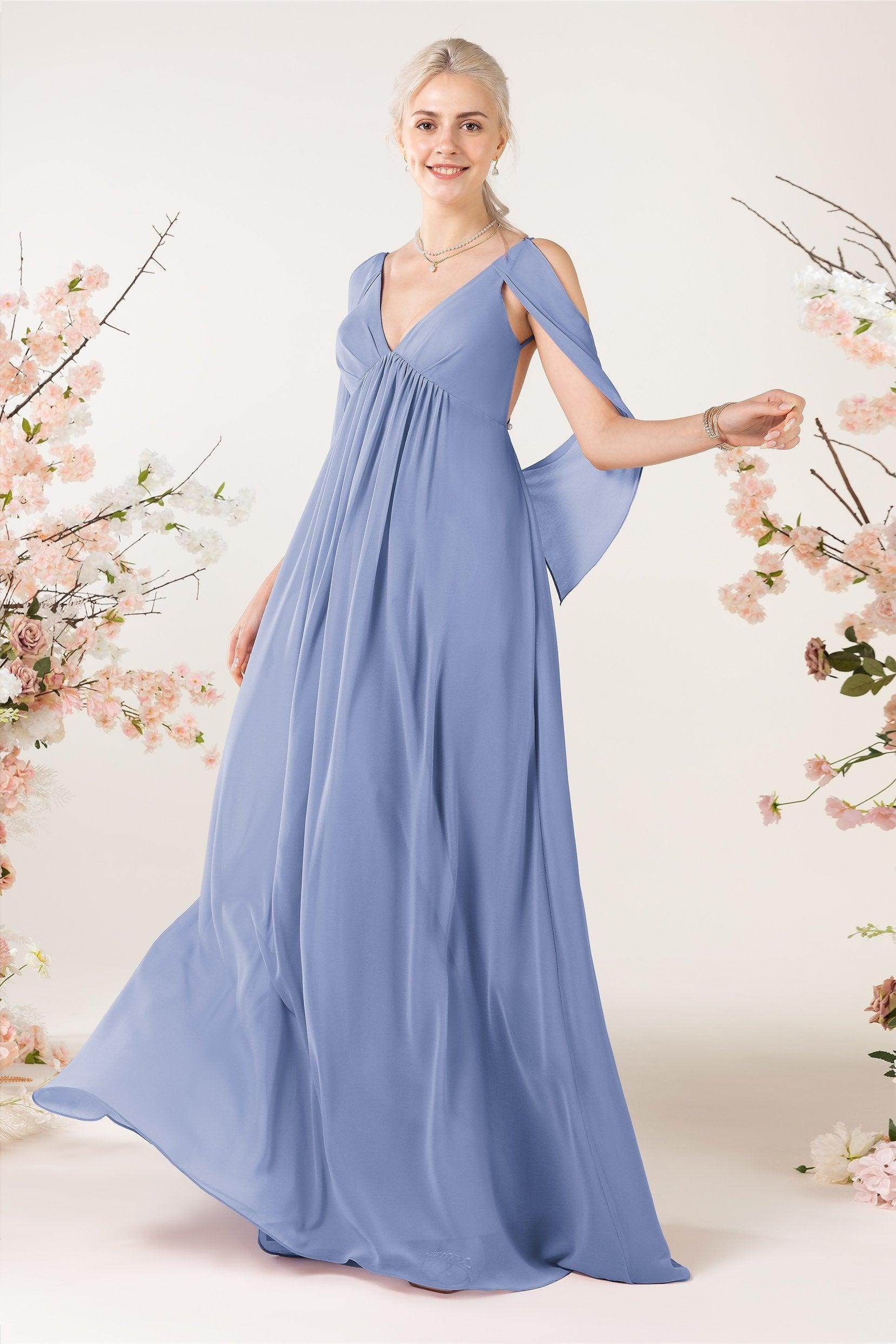 A-Line Sweep-Brush Train Chiffon Bridesmaid Dress CB0458 - COCOMELODY