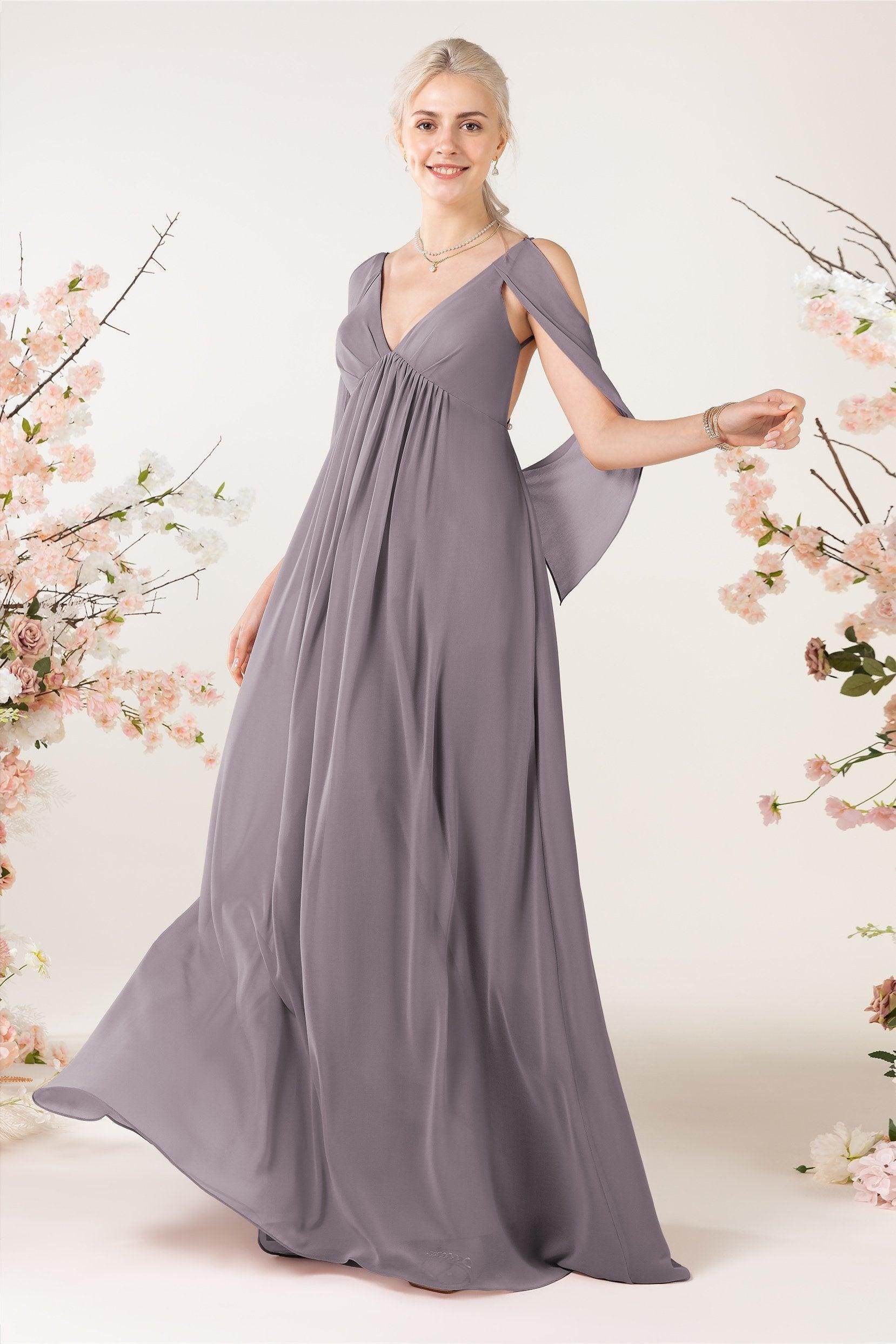 A-Line Sweep-Brush Train Chiffon Bridesmaid Dress CB0458 - COCOMELODY