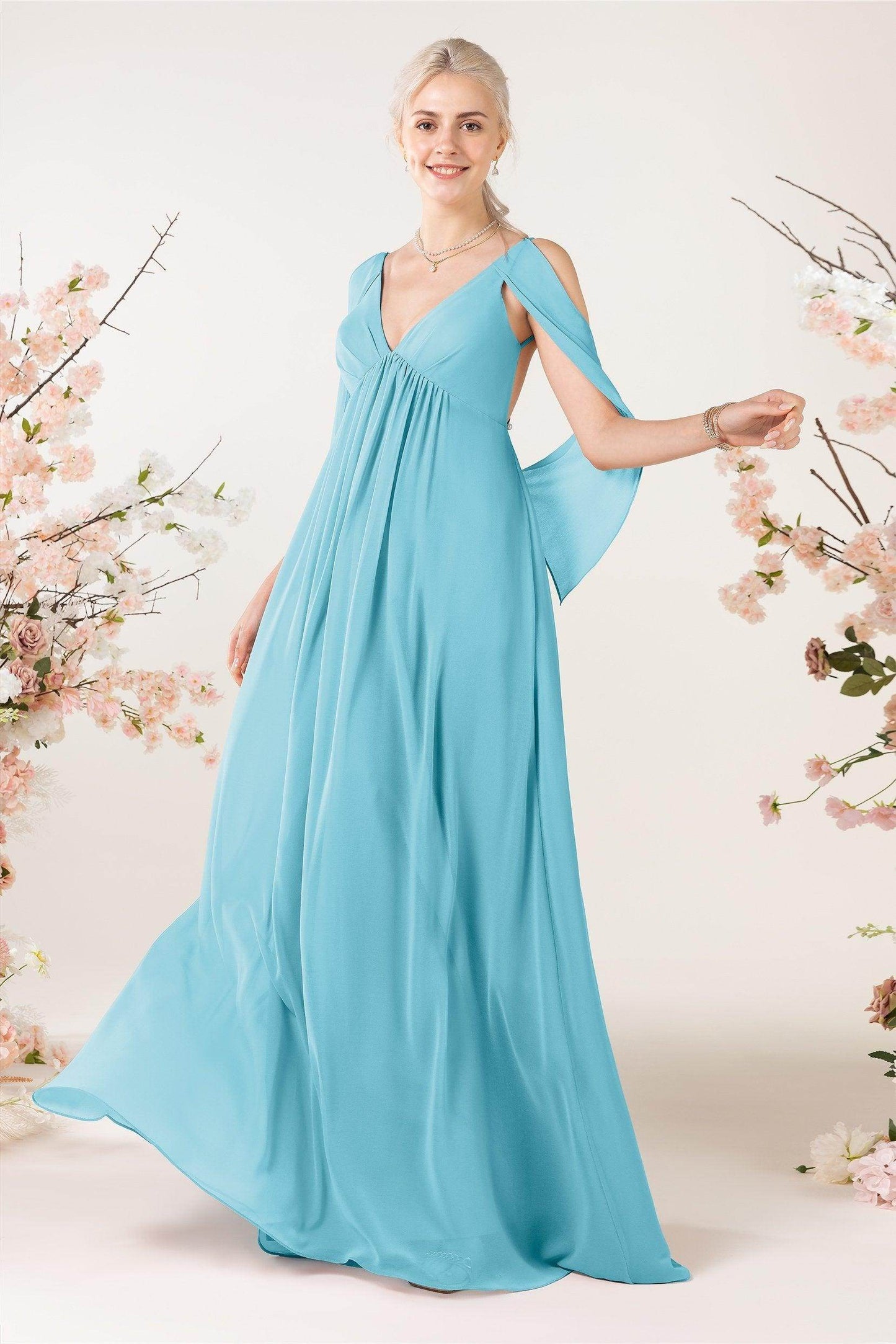 A-Line Sweep-Brush Train Chiffon Bridesmaid Dress CB0458 - COCOMELODY