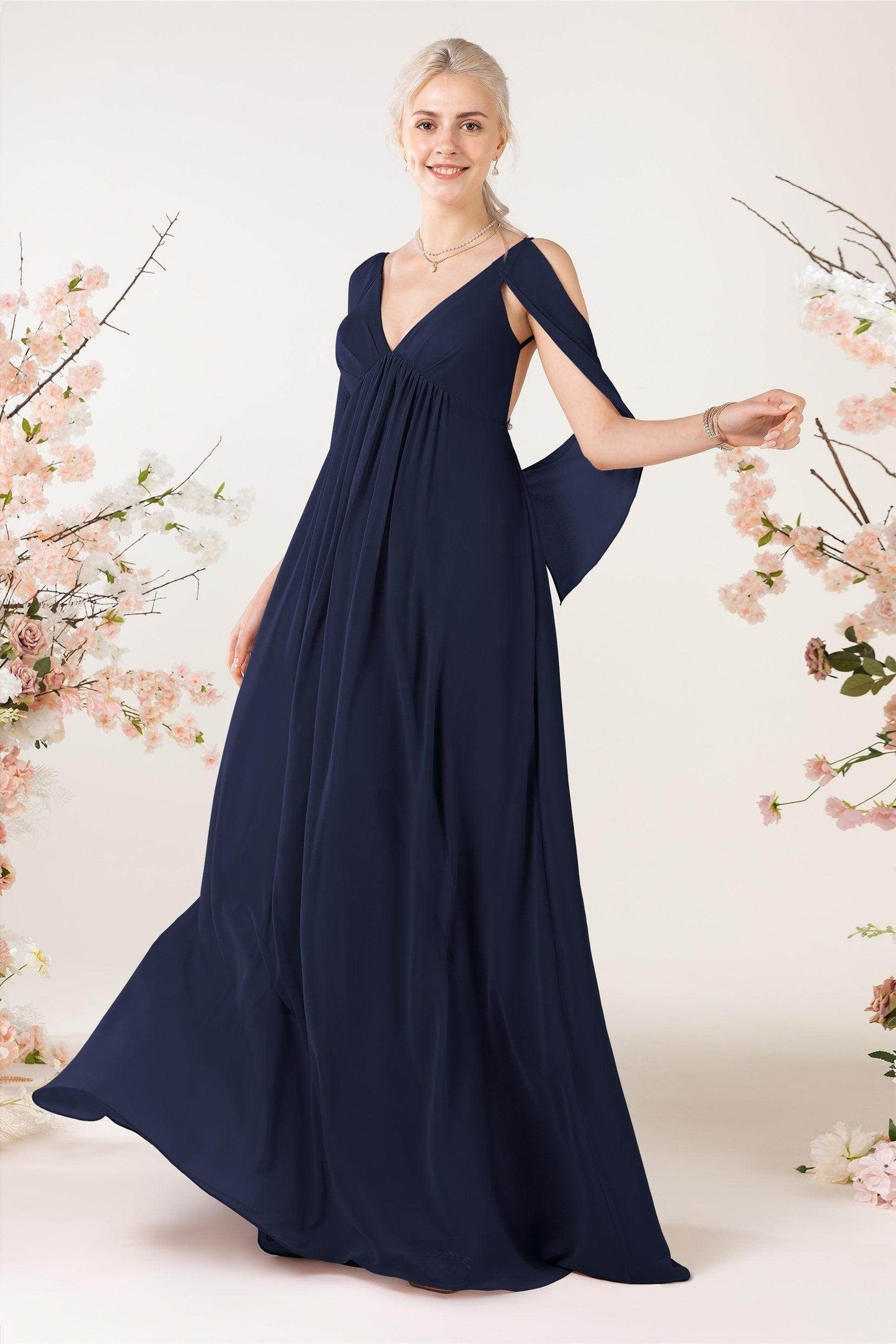 A-Line Sweep-Brush Train Chiffon Bridesmaid Dress CB0458 - COCOMELODY