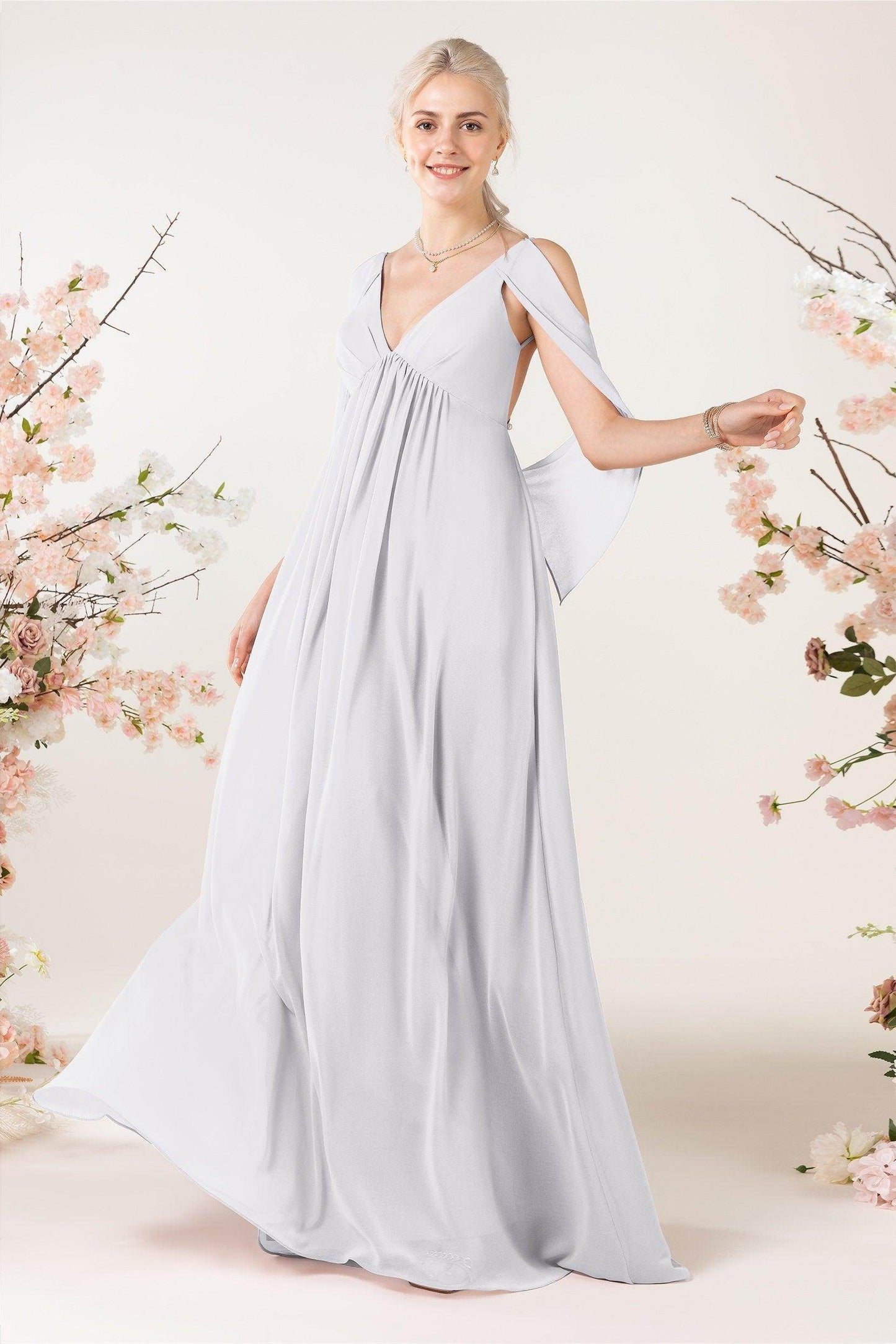 A-Line Sweep-Brush Train Chiffon Bridesmaid Dress CB0458 - COCOMELODY