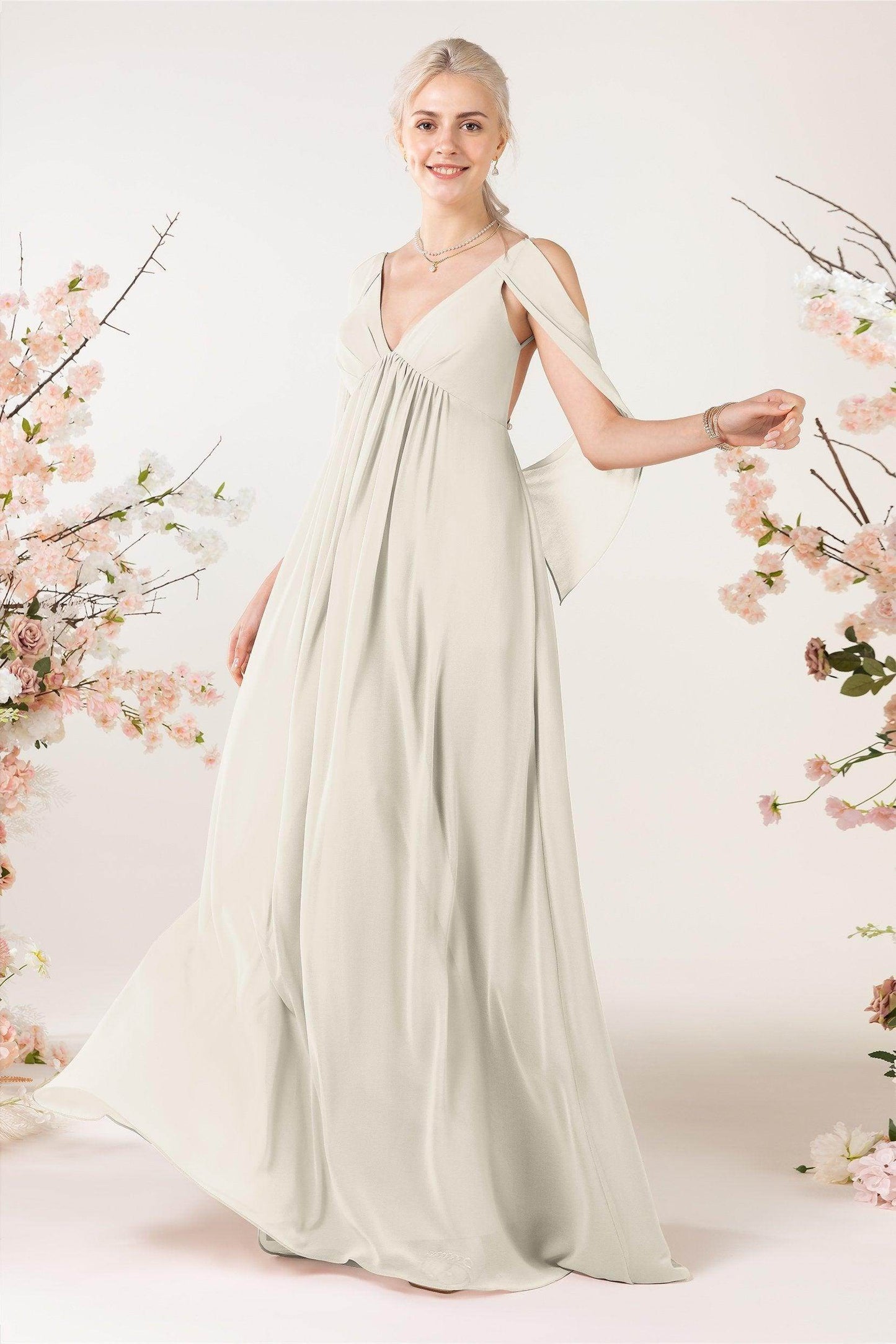 A-Line Sweep-Brush Train Chiffon Bridesmaid Dress CB0458 - COCOMELODY