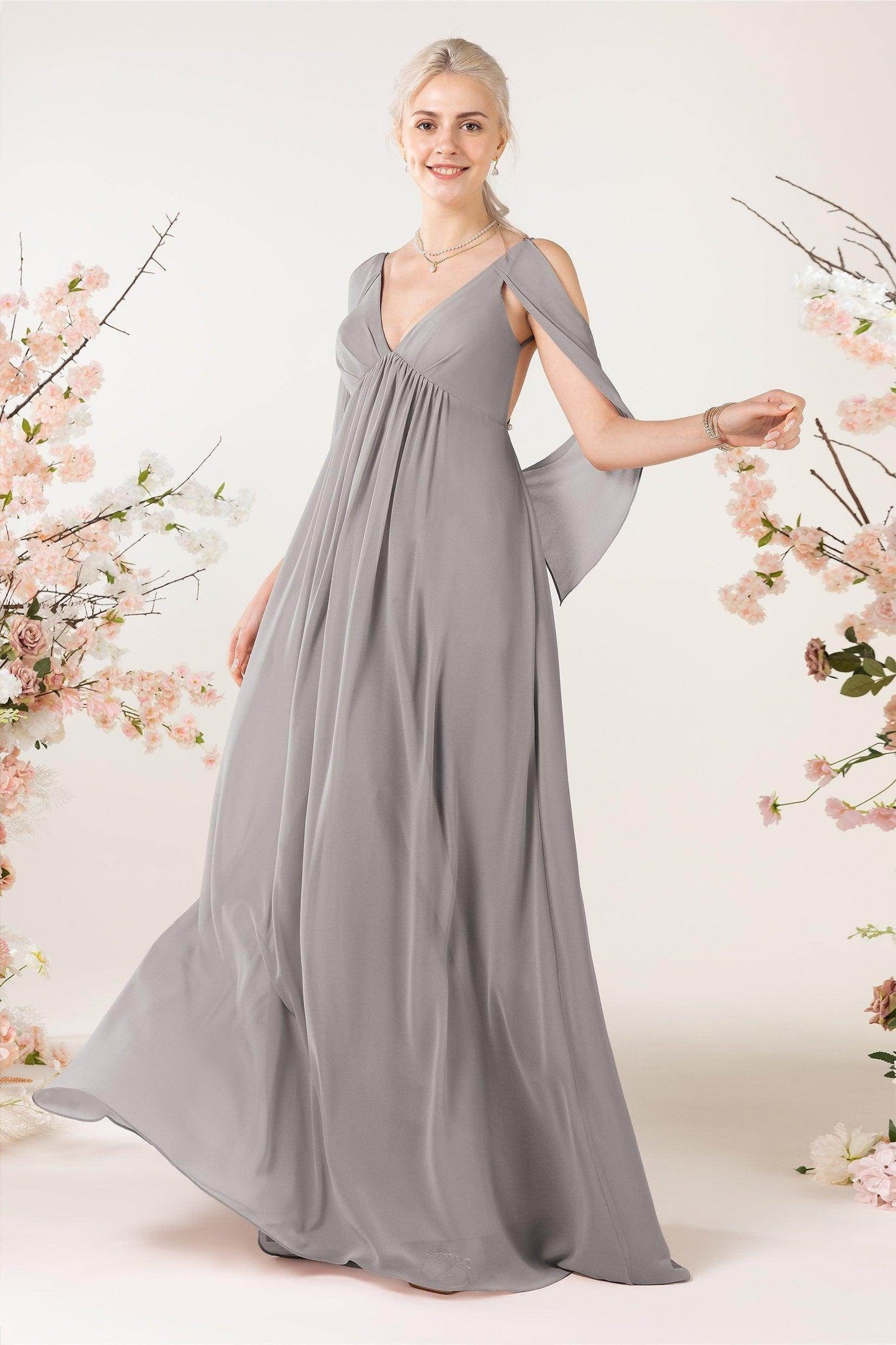 A-Line Sweep-Brush Train Chiffon Bridesmaid Dress CB0458 - COCOMELODY