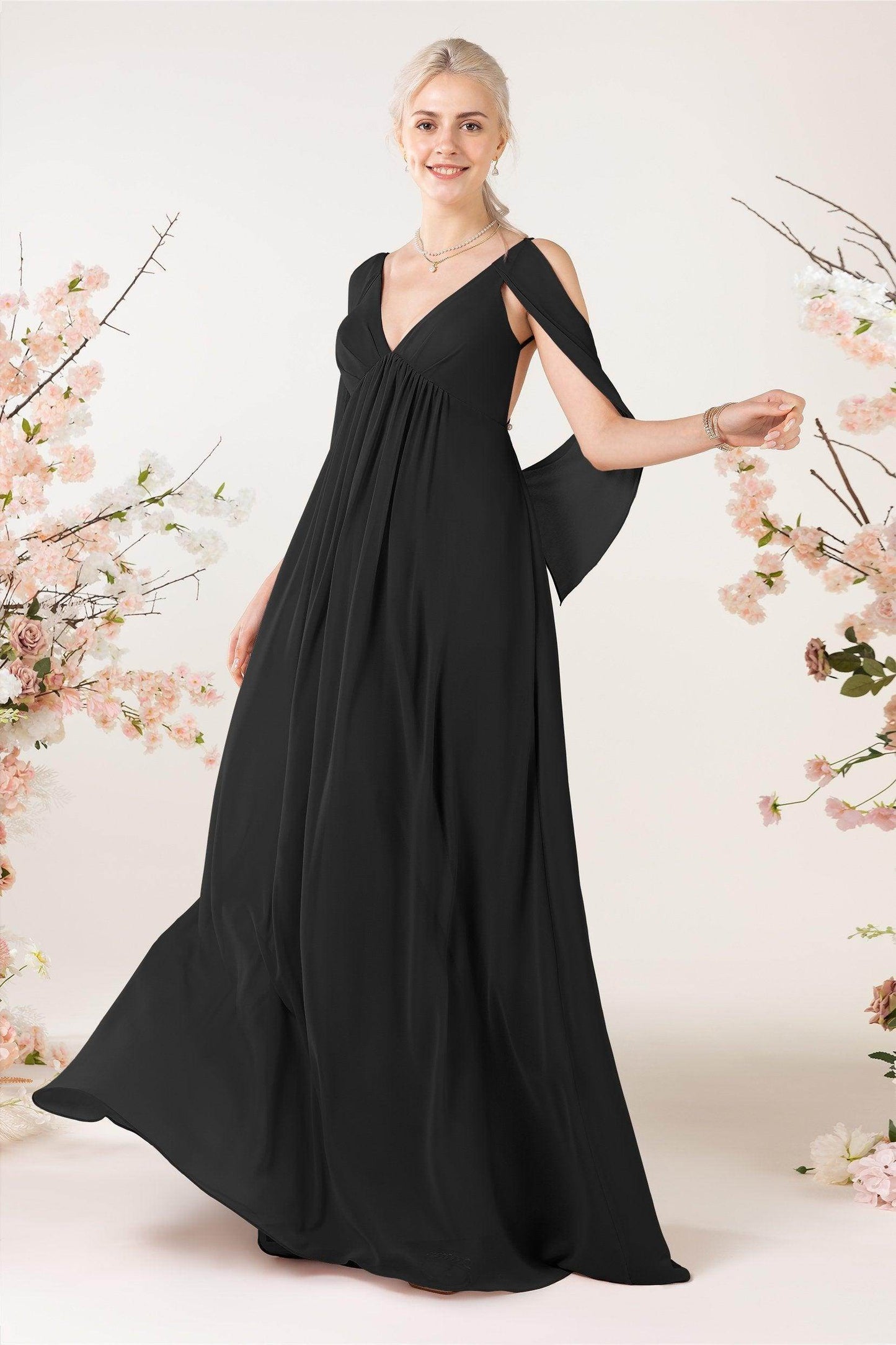 A-Line Sweep-Brush Train Chiffon Bridesmaid Dress CB0458 - COCOMELODY
