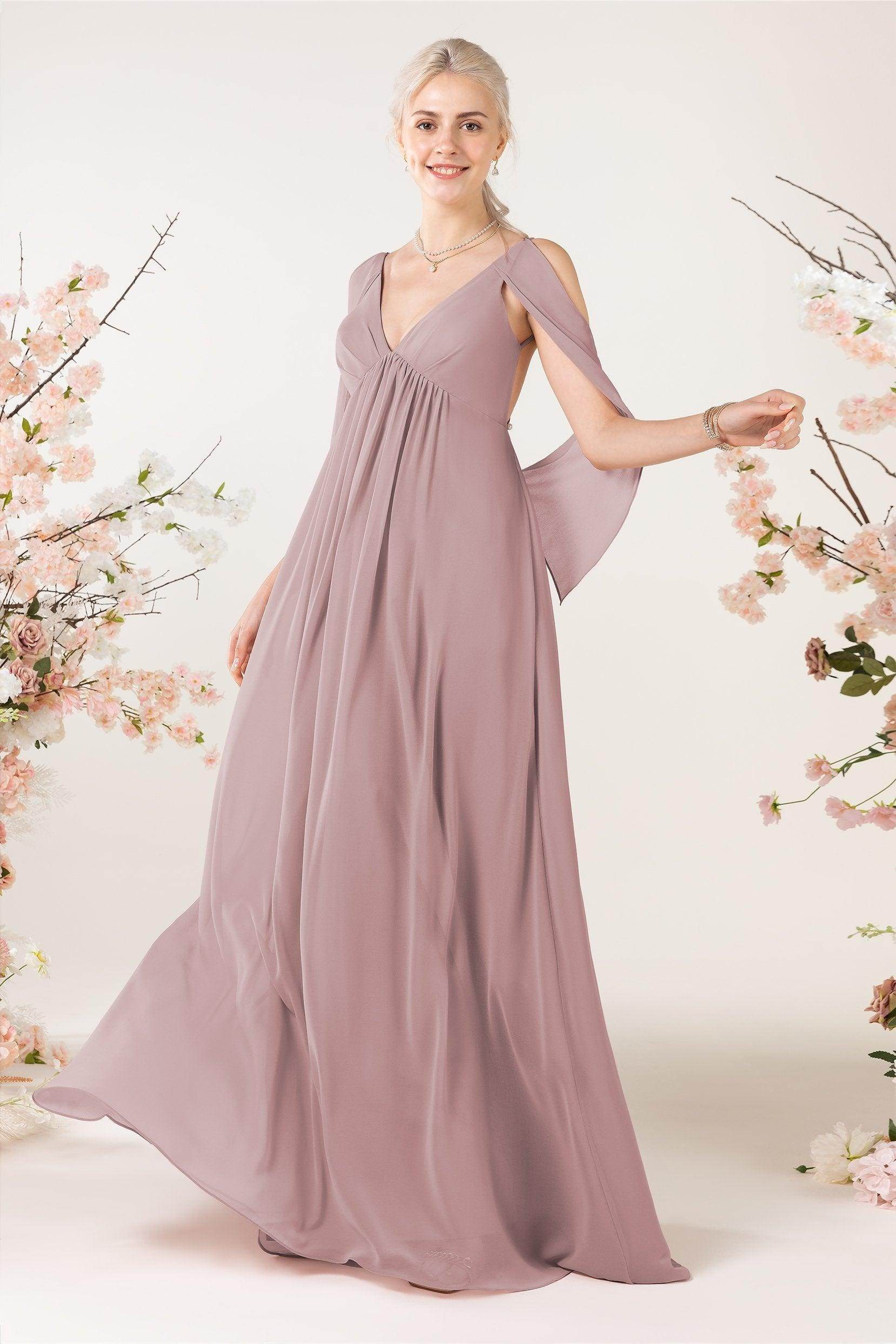 A-Line Sweep-Brush Train Chiffon Bridesmaid Dress CB0458 - COCOMELODY