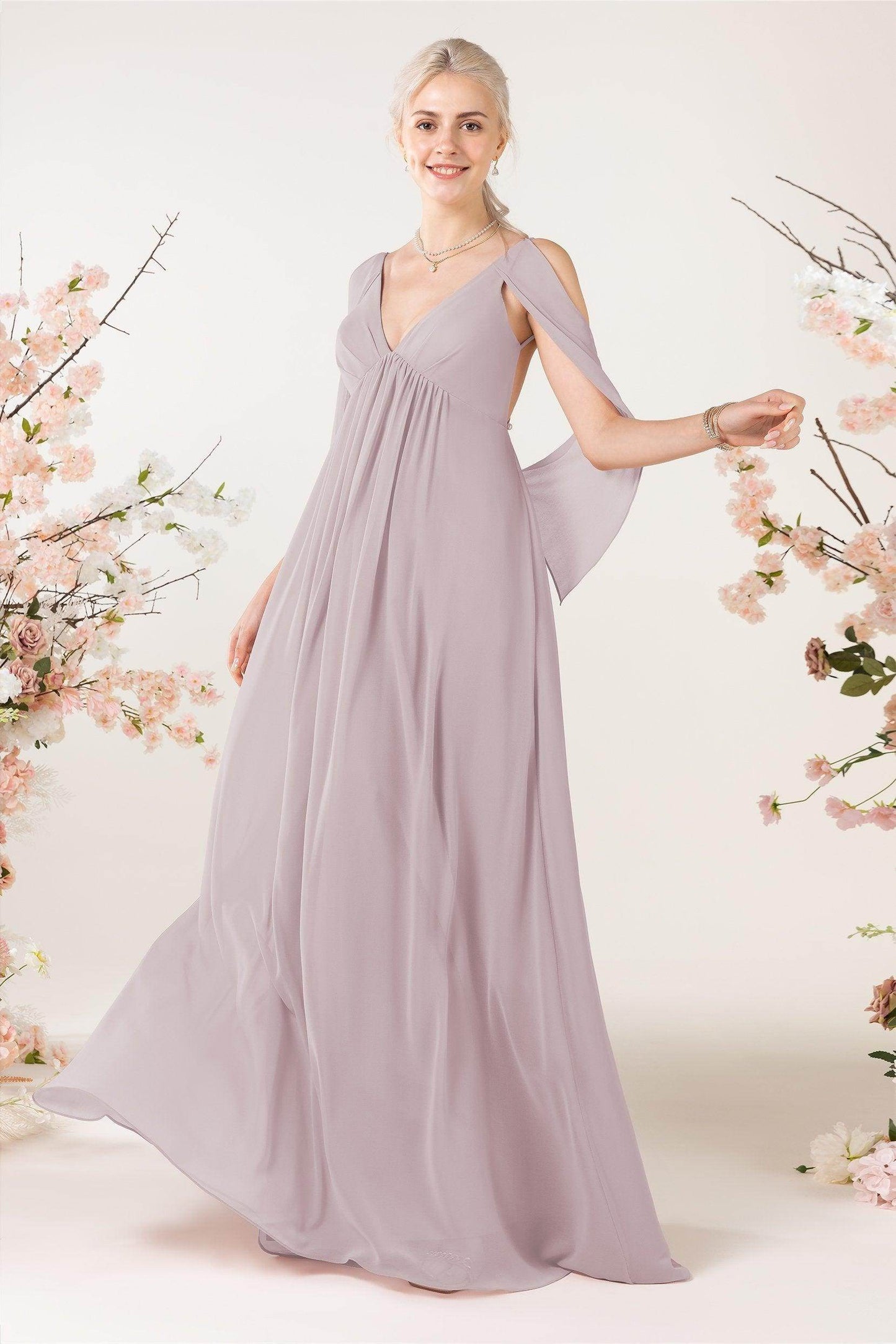 A-Line Sweep-Brush Train Chiffon Bridesmaid Dress CB0458 - COCOMELODY