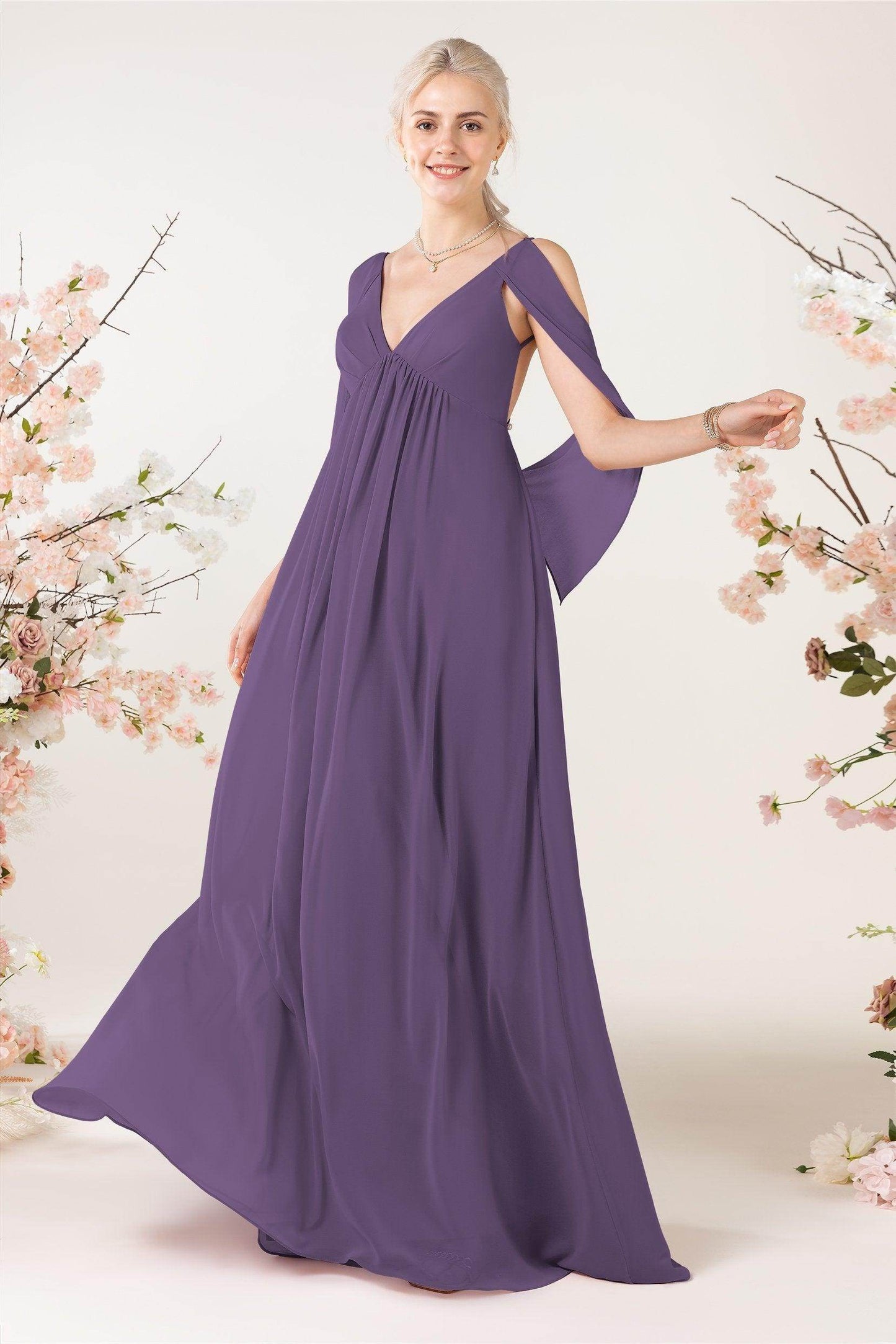 A-Line Sweep-Brush Train Chiffon Bridesmaid Dress CB0458 - COCOMELODY