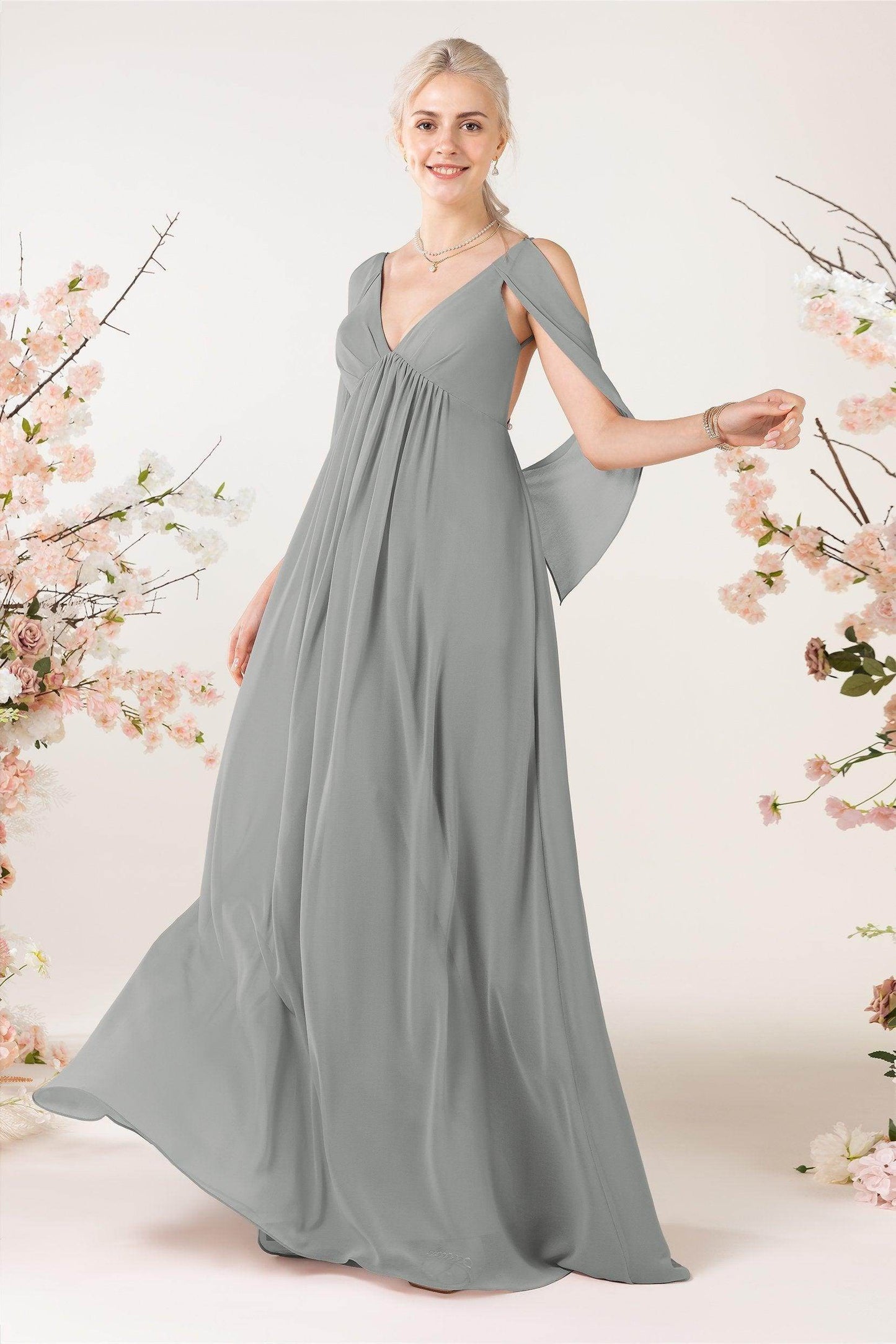 A-Line Sweep-Brush Train Chiffon Bridesmaid Dress CB0458 - COCOMELODY