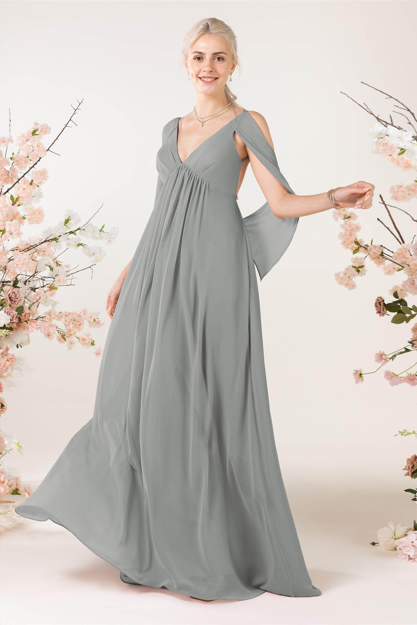 A-Line Sweep-Brush Train Chiffon Bridesmaid Dress CB0458 - COCOMELODY