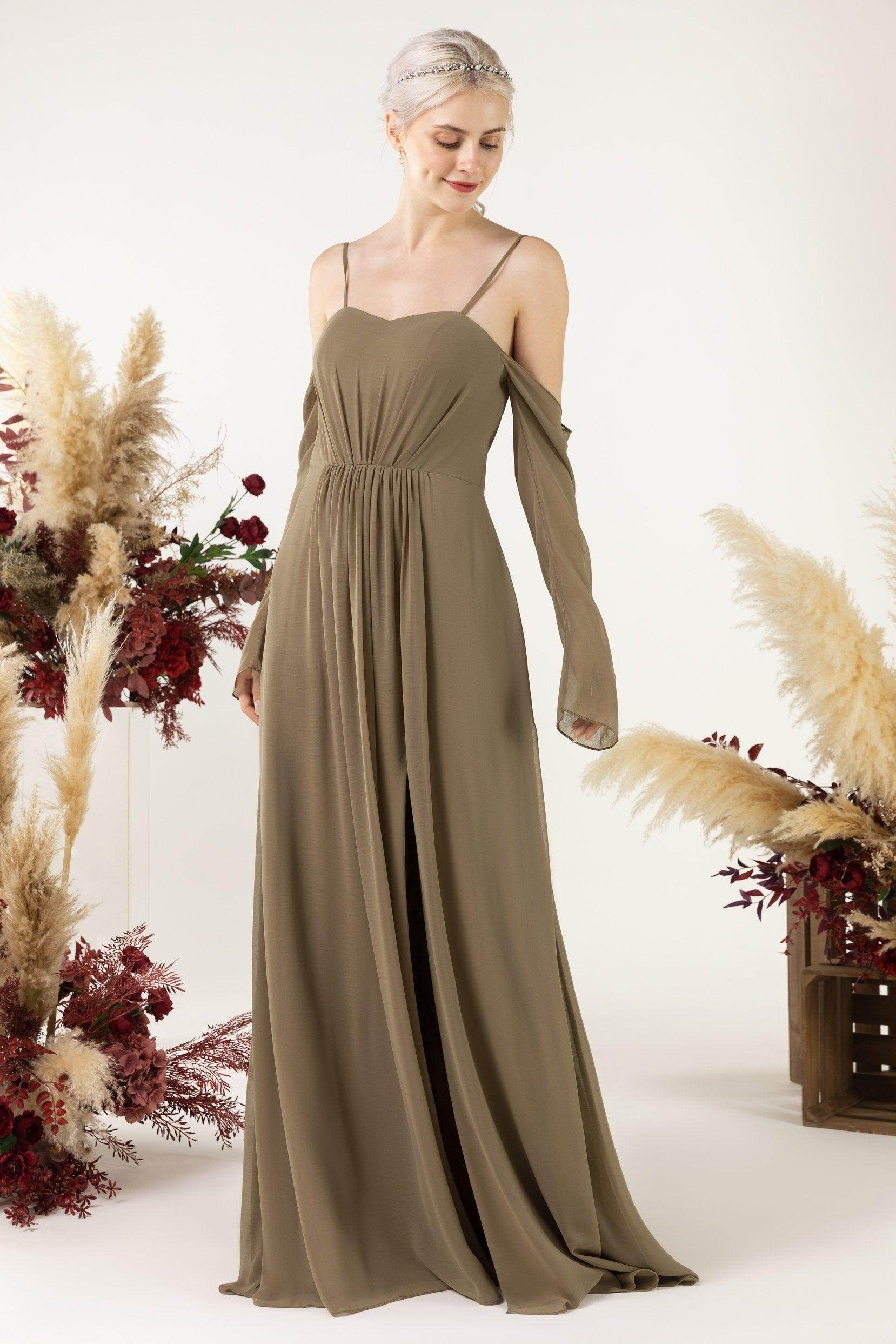 A-Line Sweep-Brush Train Chiffon Bridesmaid Dress CB0460 - COCOMELODY