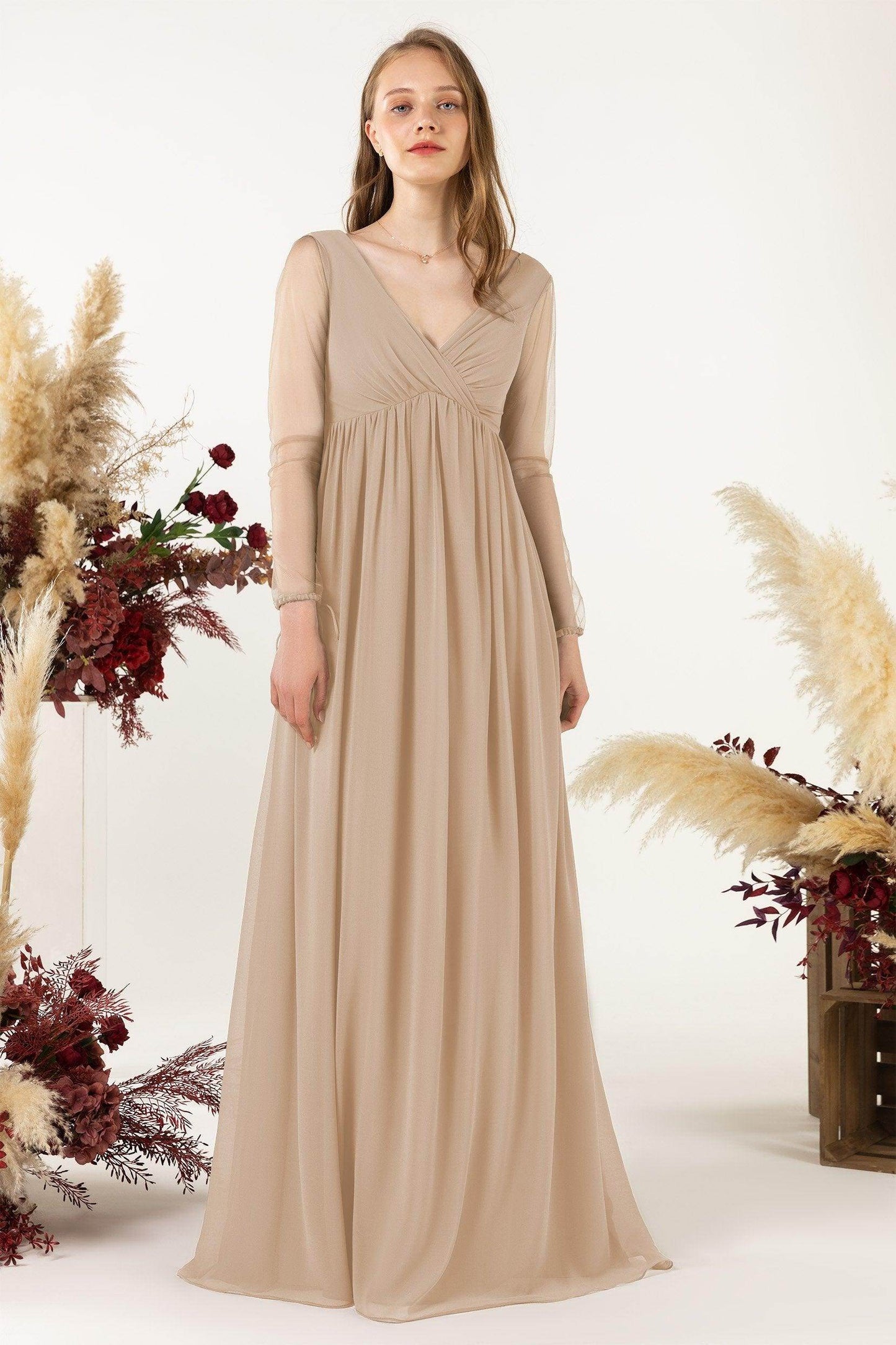 A-Line Sweep-Brush Train Chiffon Bridesmaid Dress CB0461 - COCOMELODY