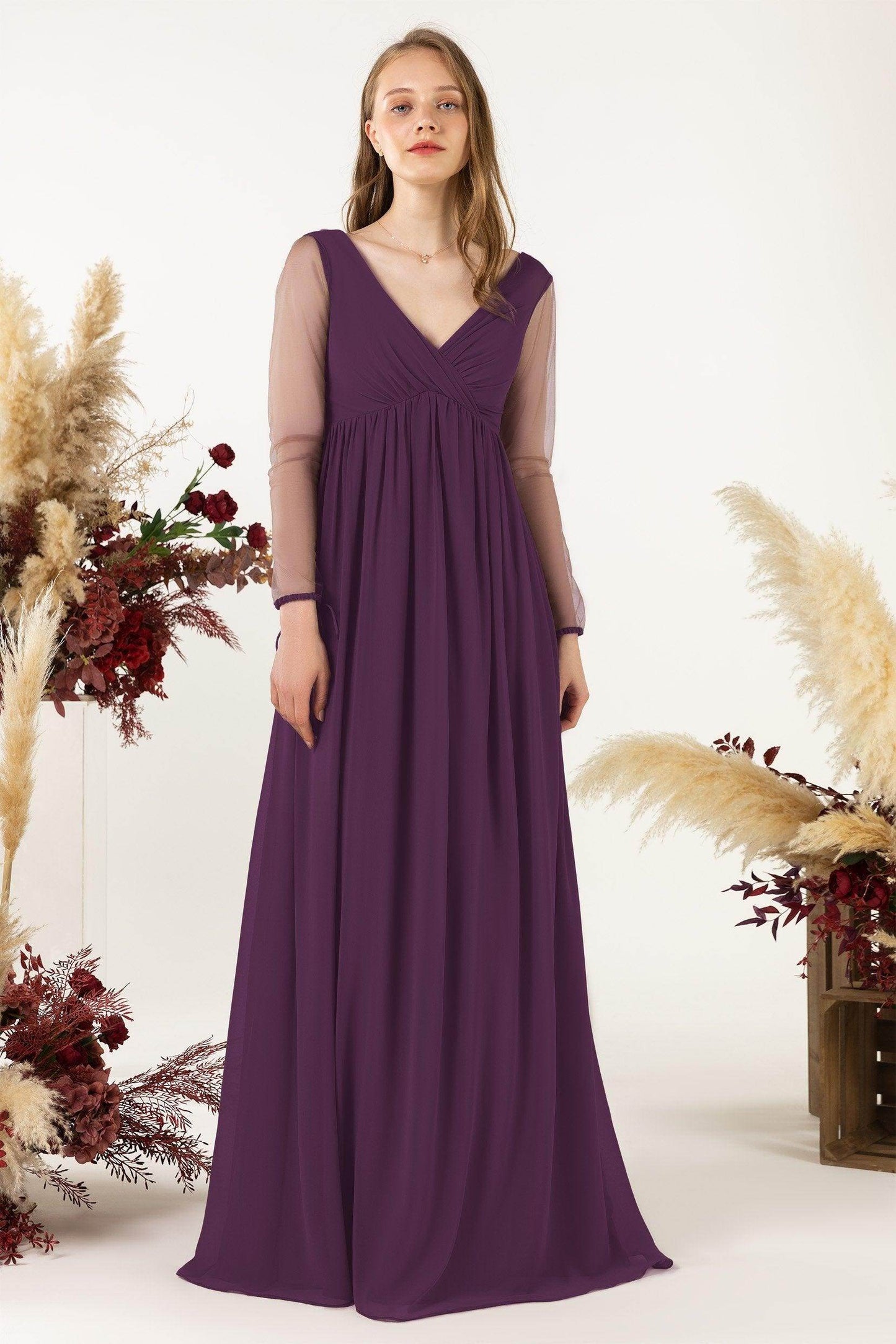 A-Line Sweep-Brush Train Chiffon Bridesmaid Dress CB0461 - COCOMELODY