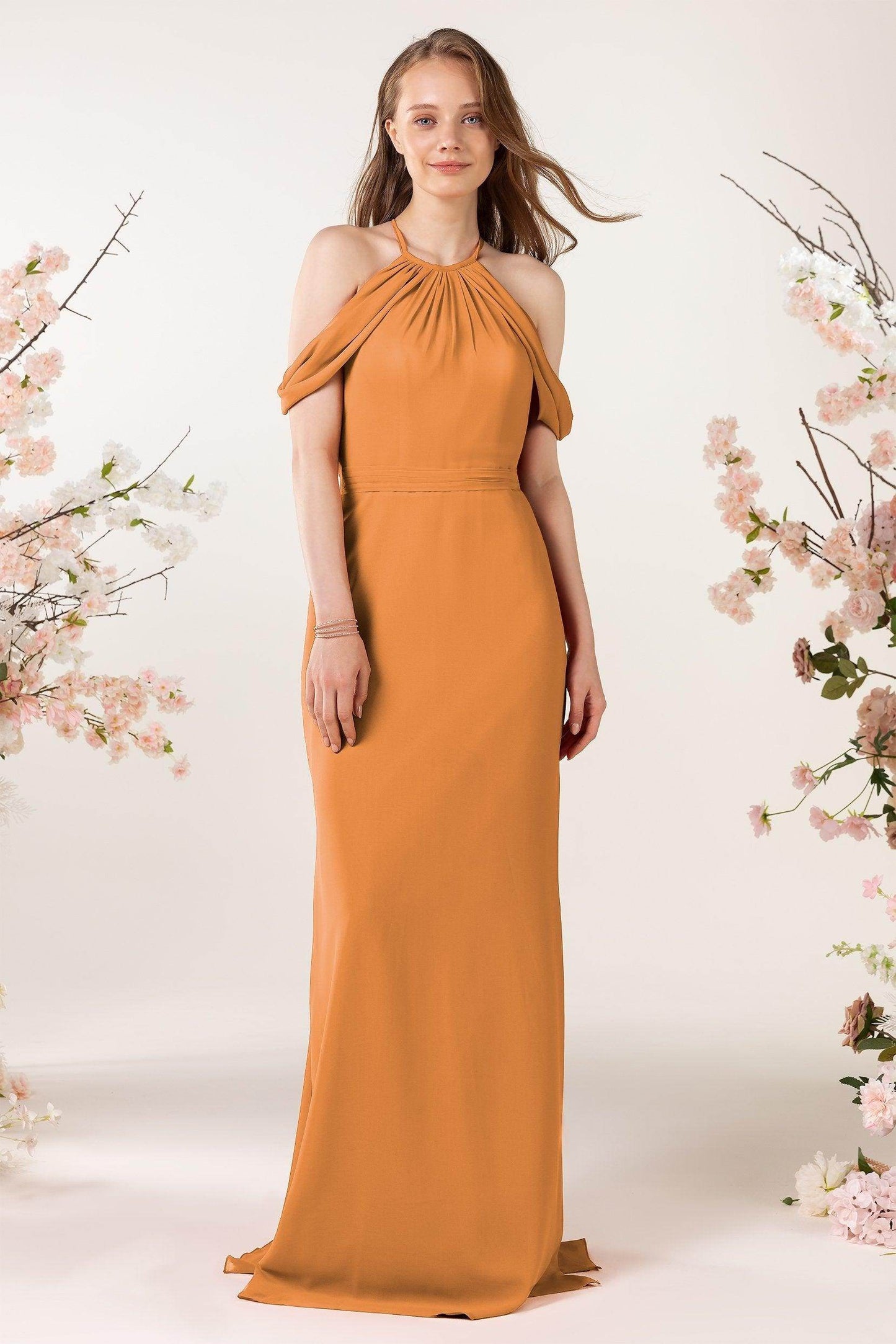 Sheath-Column Sweep Train Chiffon Bridesmaid Dress CB0463 - COCOMELODY