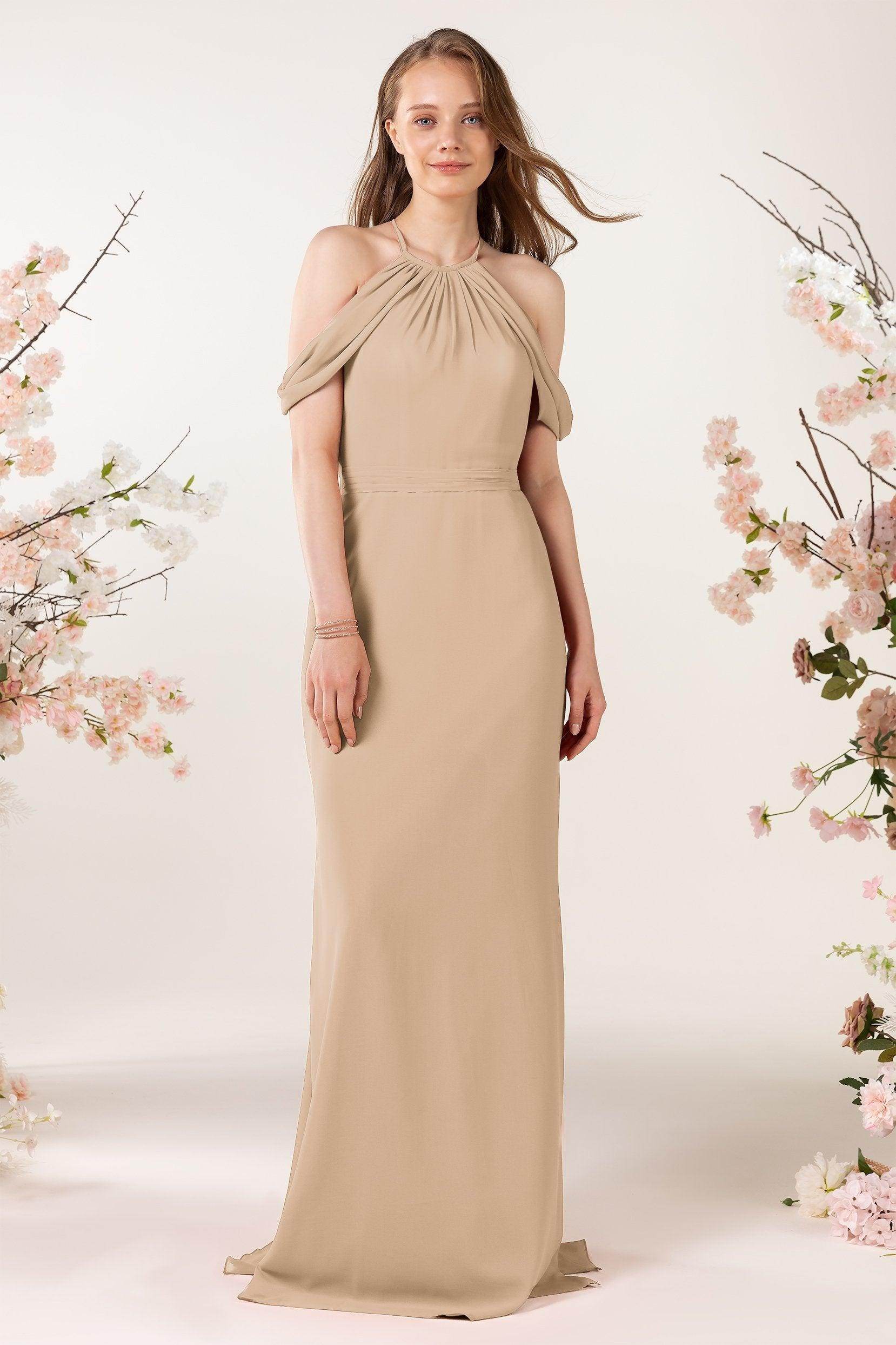 Sheath-Column Sweep Train Chiffon Bridesmaid Dress CB0463 - COCOMELODY