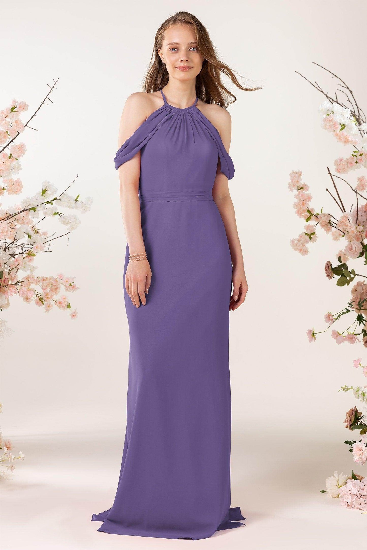Sheath-Column Sweep Train Chiffon Bridesmaid Dress CB0463 - COCOMELODY