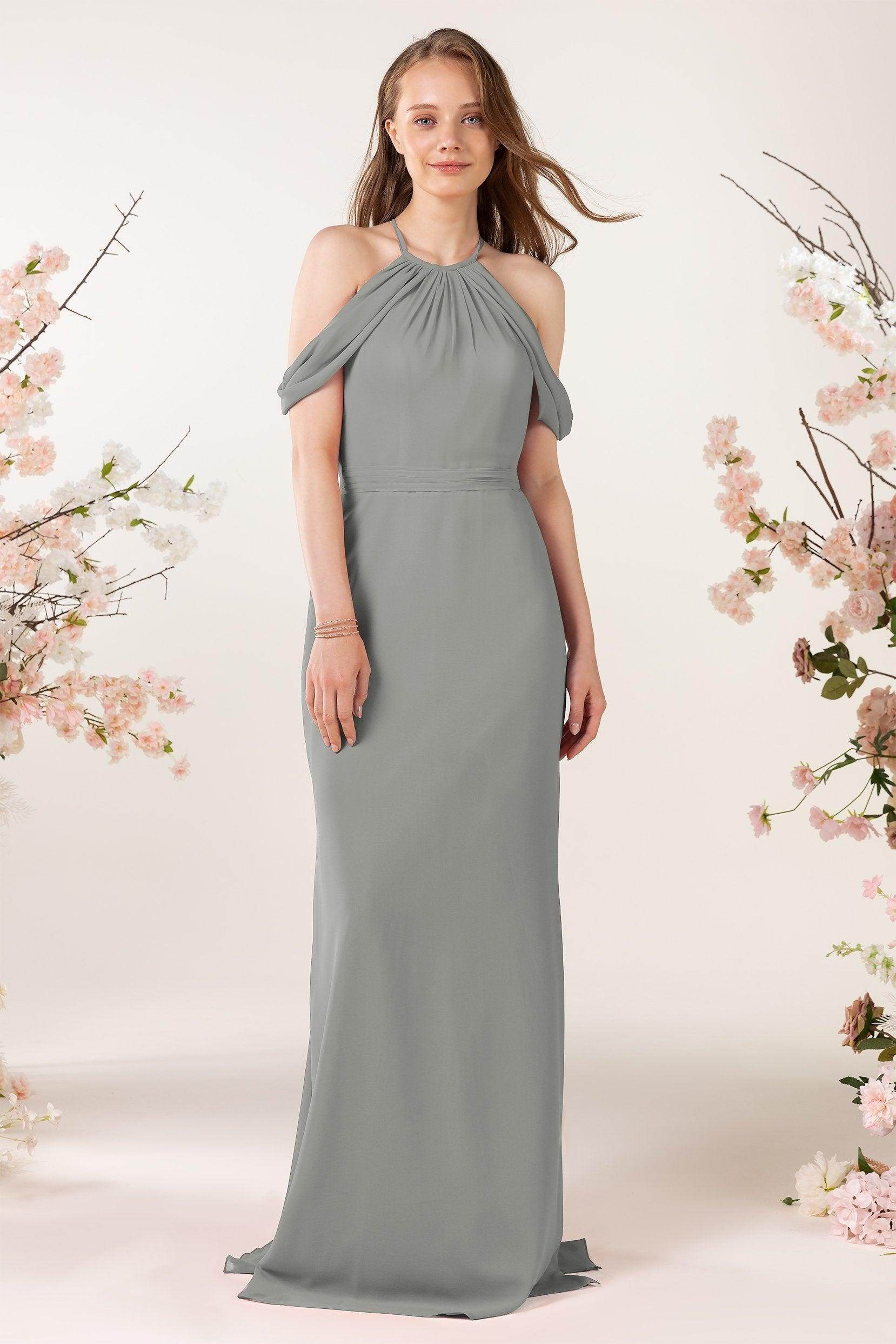 Sheath-Column Sweep Train Chiffon Bridesmaid Dress CB0463 - COCOMELODY