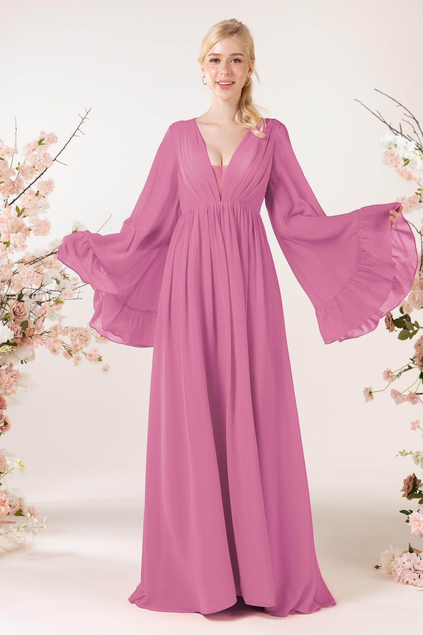 A-Line Sweep-Brush Train Chiffon Bridesmaid Dress CB0465 - COCOMELODY