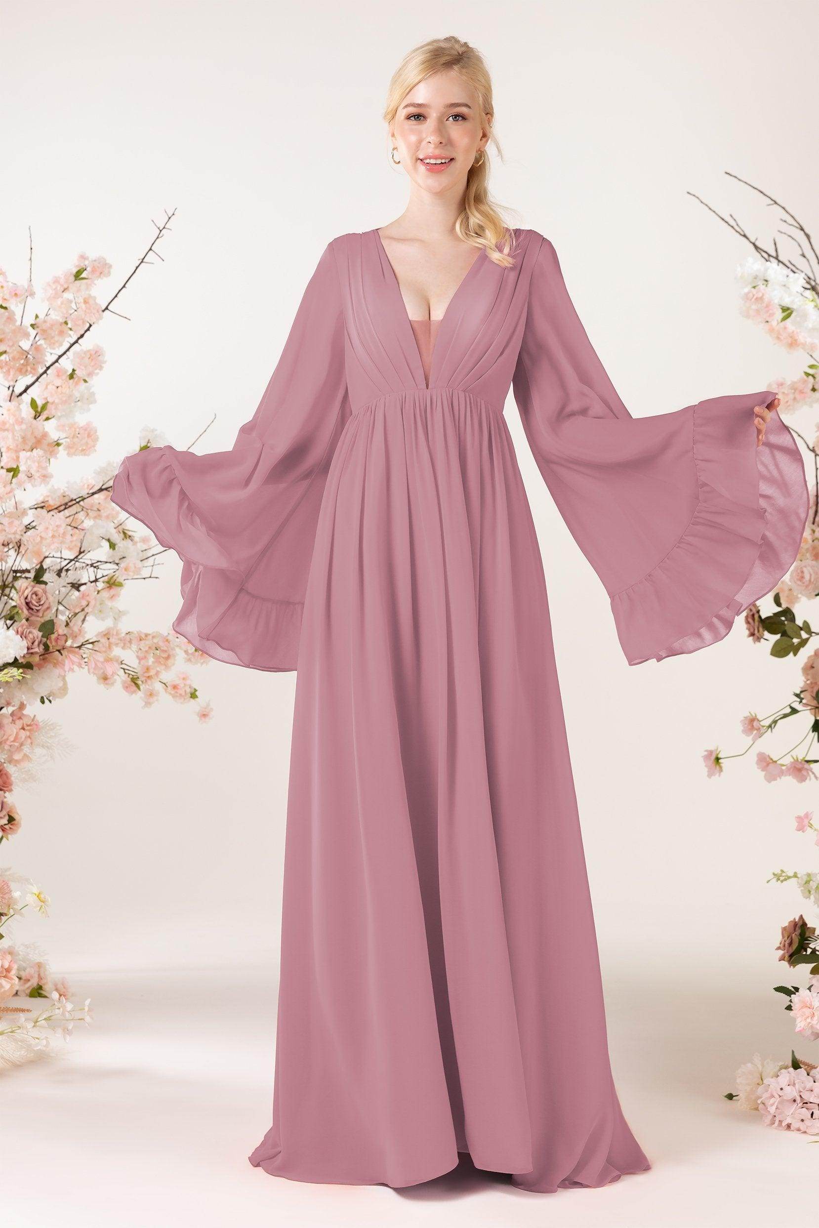 A-Line Sweep-Brush Train Chiffon Bridesmaid Dress CB0465 - COCOMELODY