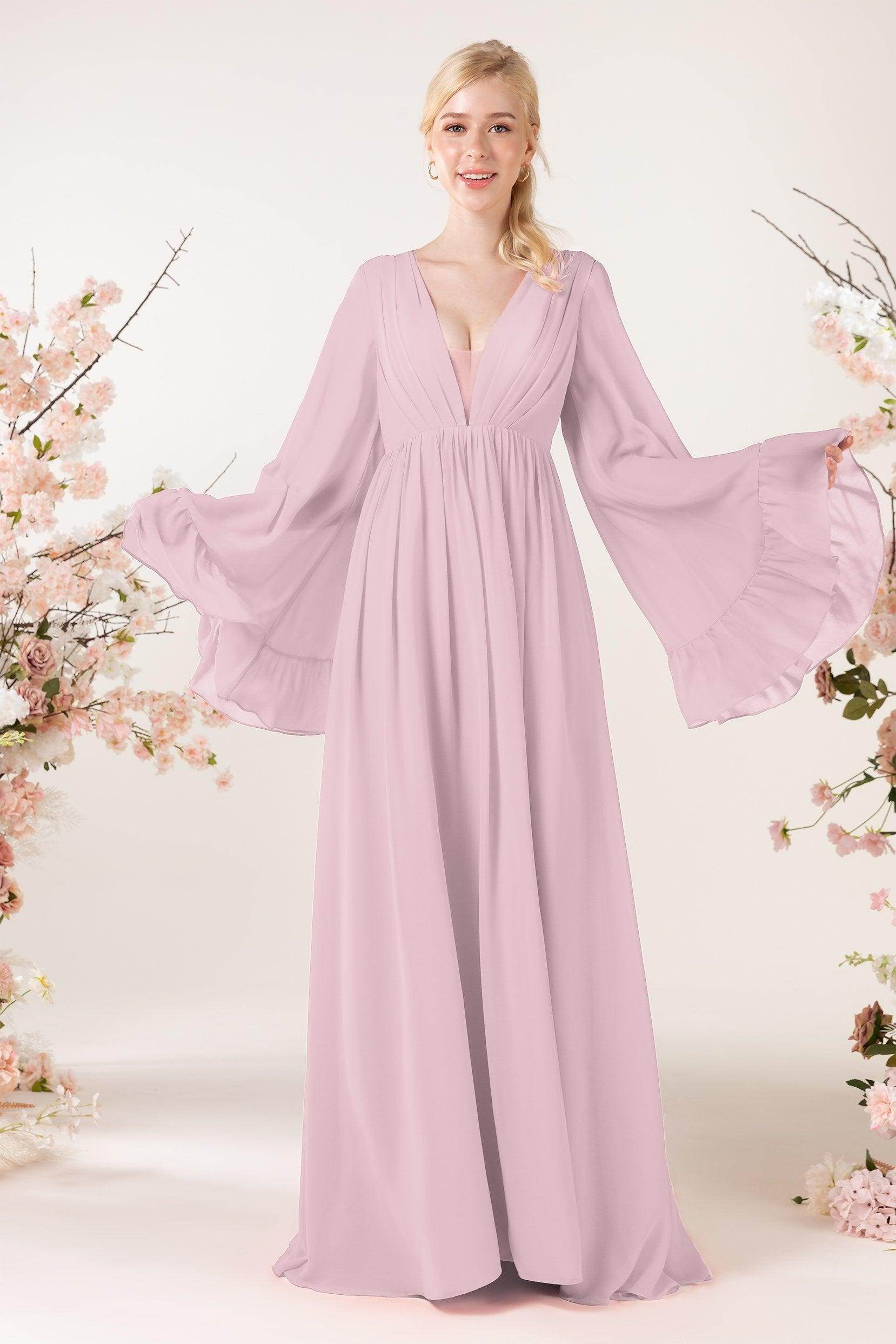 A-Line Sweep-Brush Train Chiffon Bridesmaid Dress CB0465 - COCOMELODY