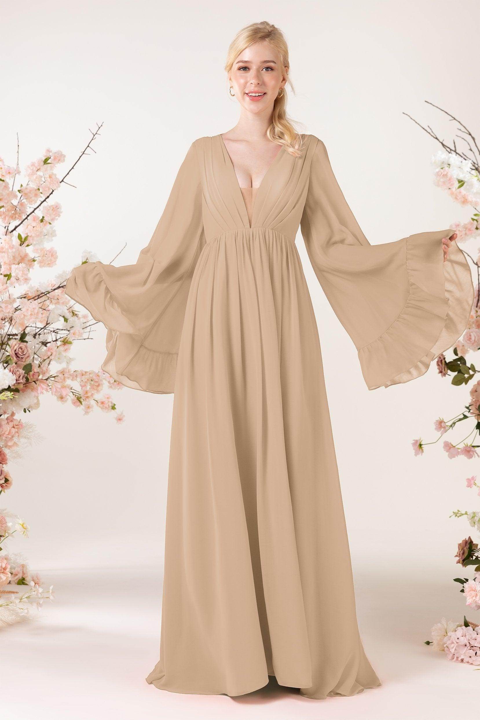 A-Line Sweep-Brush Train Chiffon Bridesmaid Dress CB0465 - COCOMELODY