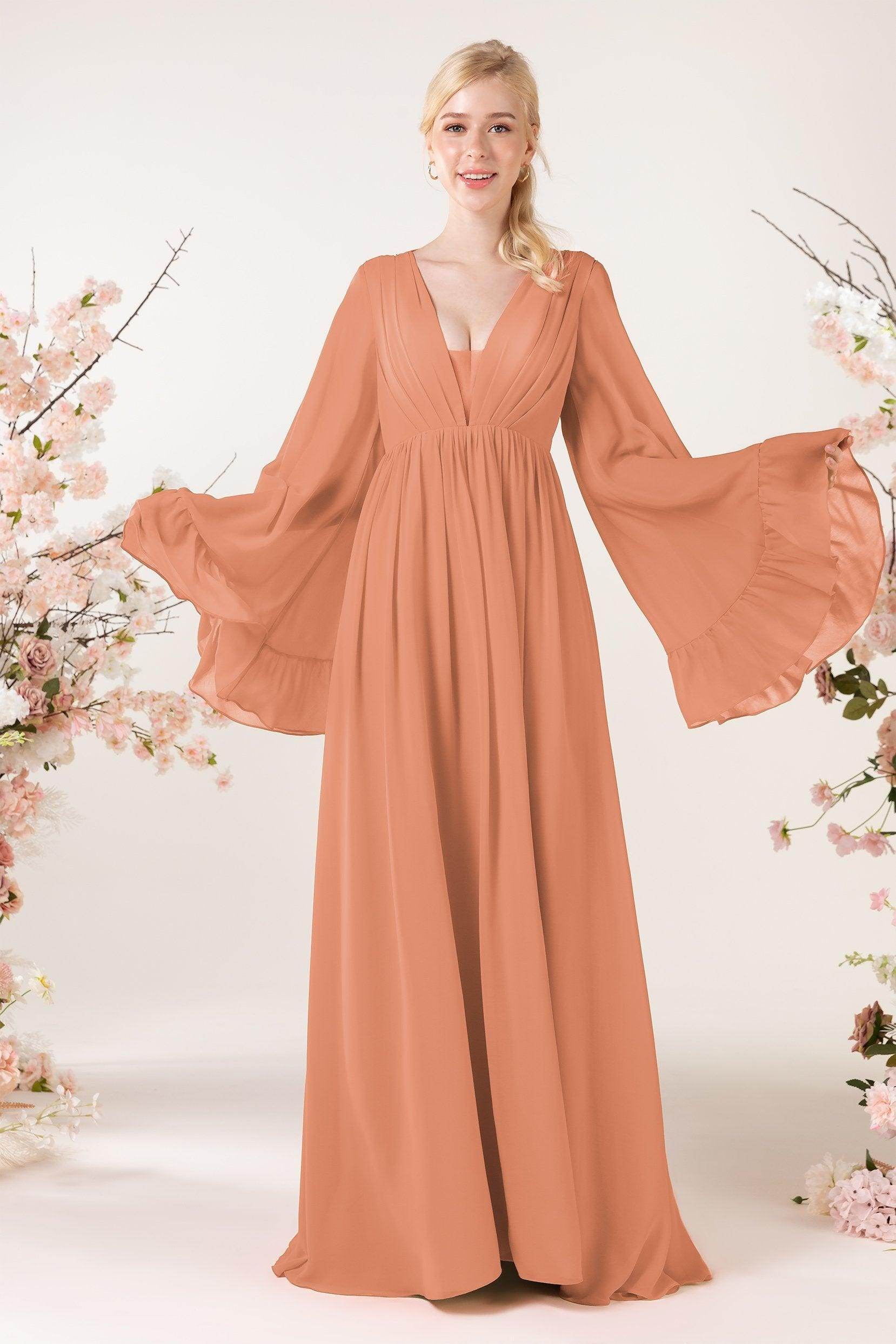 A-Line Sweep-Brush Train Chiffon Bridesmaid Dress CB0465 - COCOMELODY