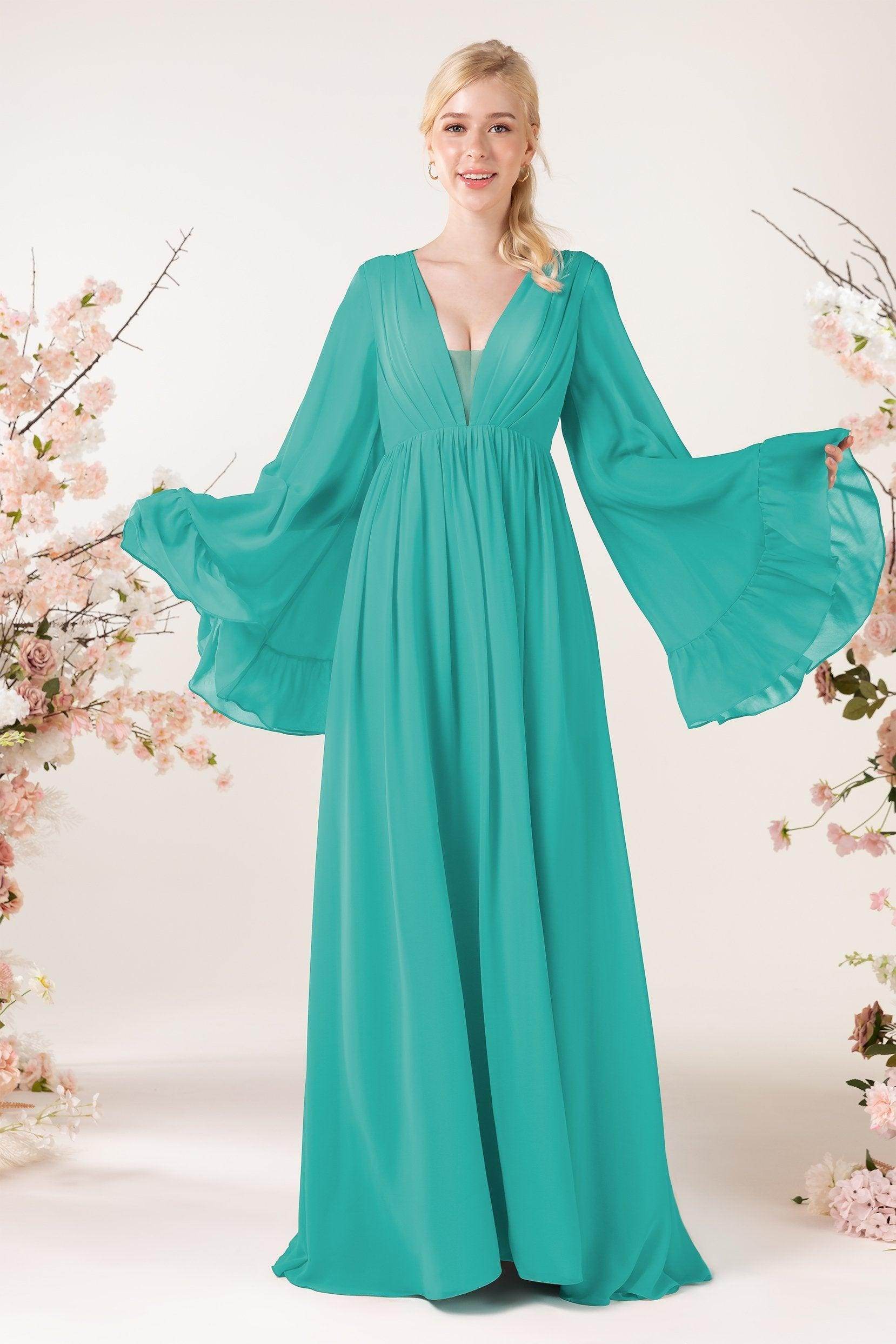 A-Line Sweep-Brush Train Chiffon Bridesmaid Dress CB0465 - COCOMELODY