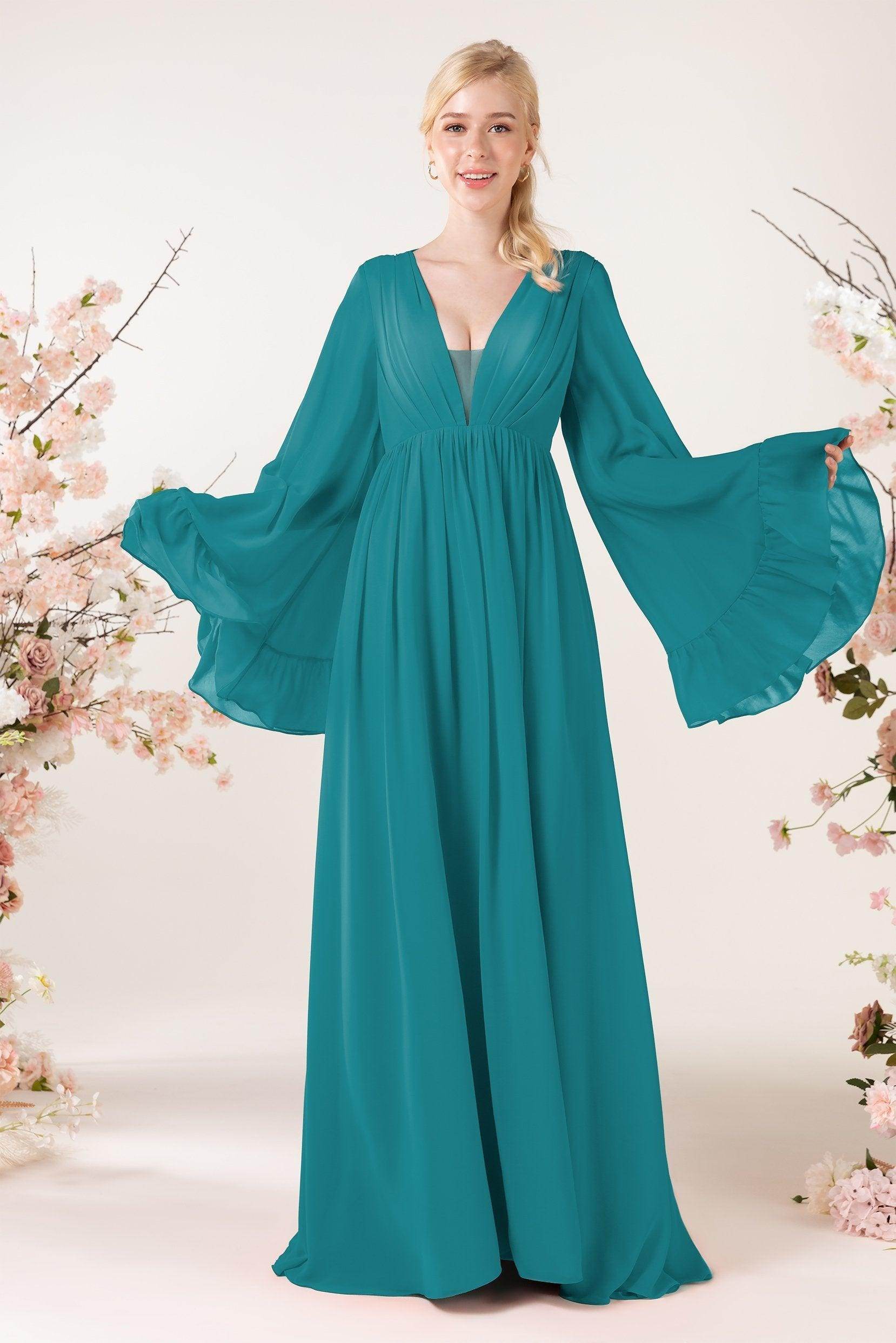 A-Line Sweep-Brush Train Chiffon Bridesmaid Dress CB0465 - COCOMELODY