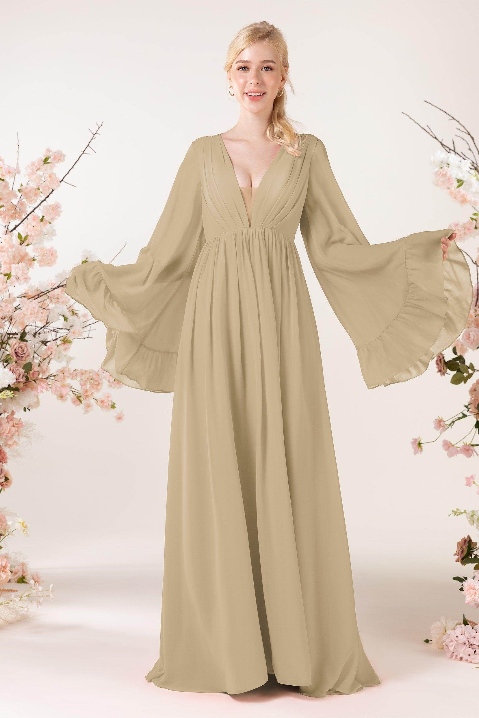 A-Line Sweep-Brush Train Chiffon Bridesmaid Dress CB0465 - COCOMELODY
