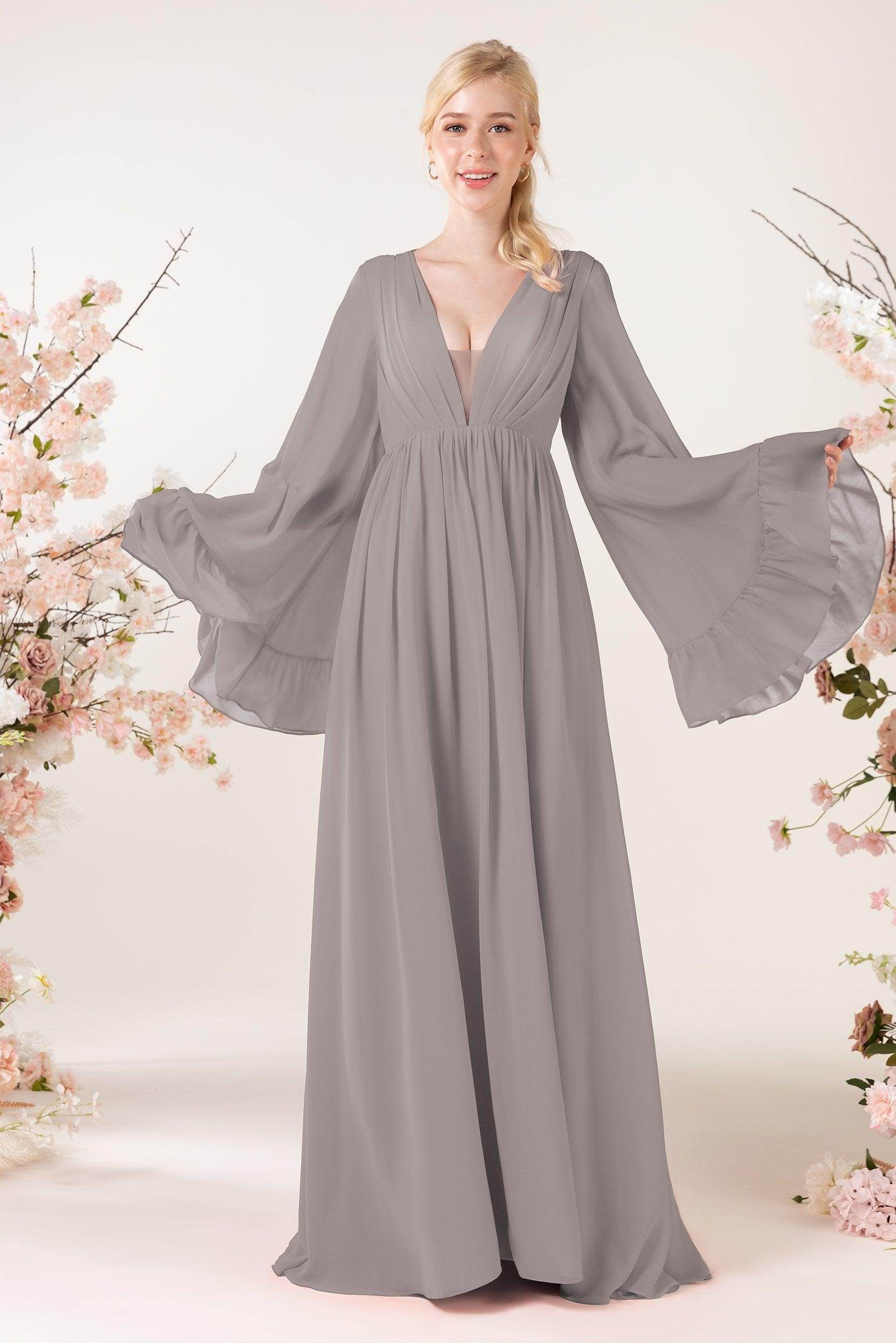 A-Line Sweep-Brush Train Chiffon Bridesmaid Dress CB0465 - COCOMELODY