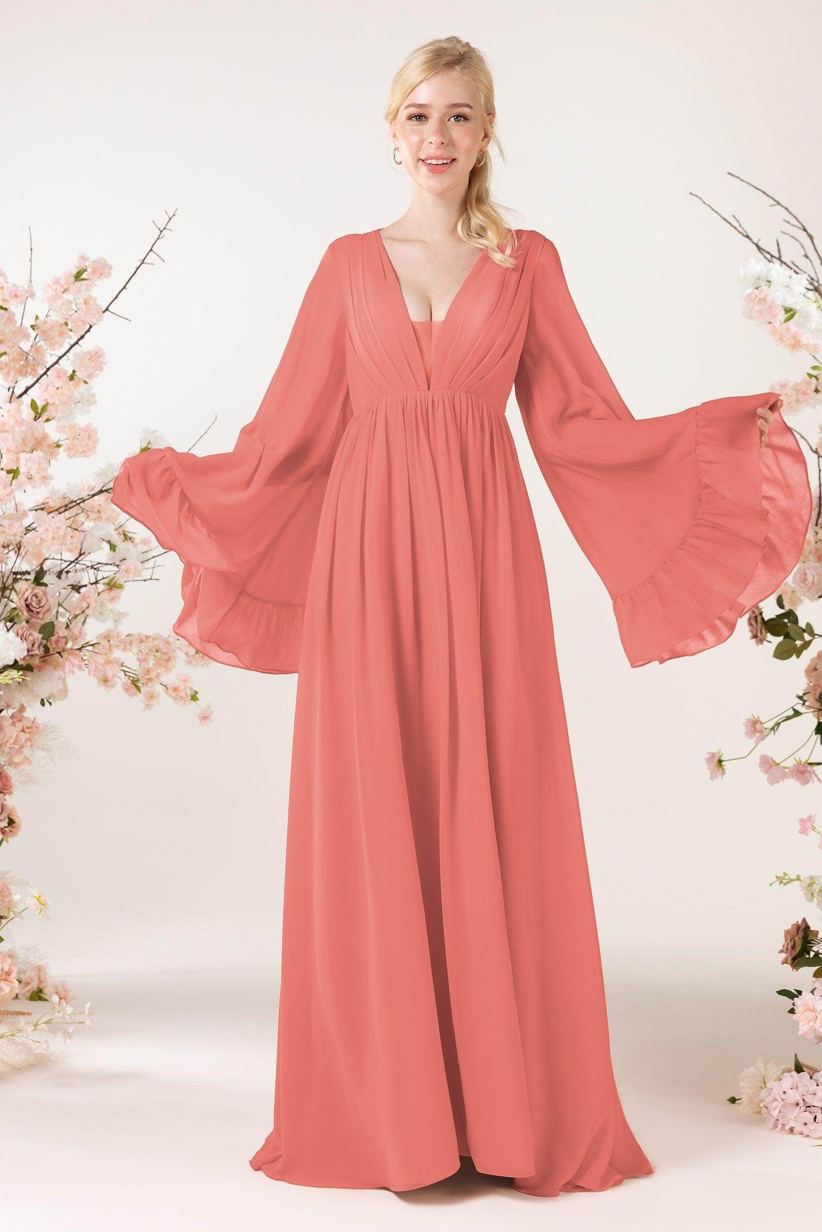 A-Line Sweep-Brush Train Chiffon Bridesmaid Dress CB0465 - COCOMELODY